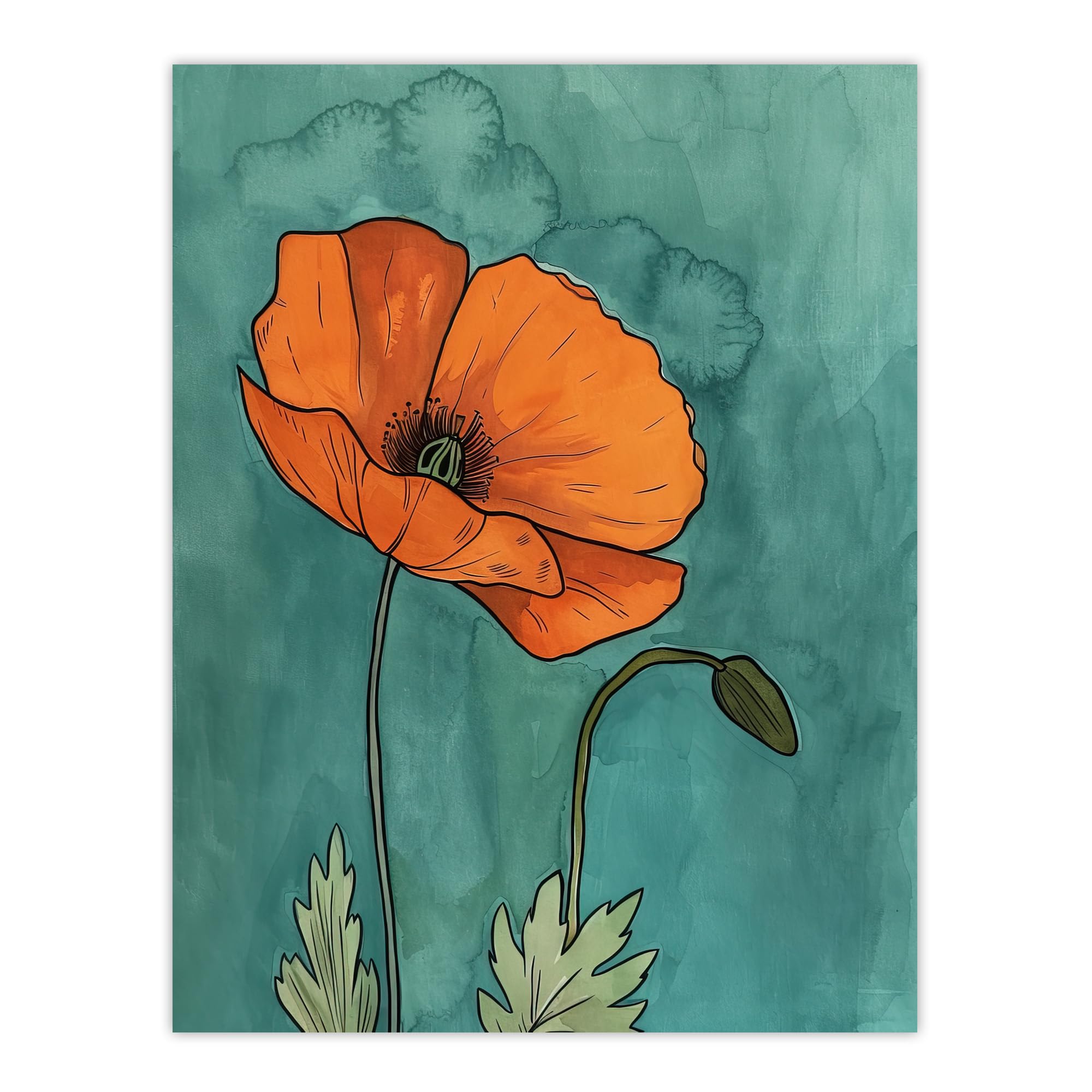 Artery8 Poppy Flower Bloom Teal Orange Floral Watercolour Living Room Large Wall Art Poster Print Thick Paper 18X24 Inch