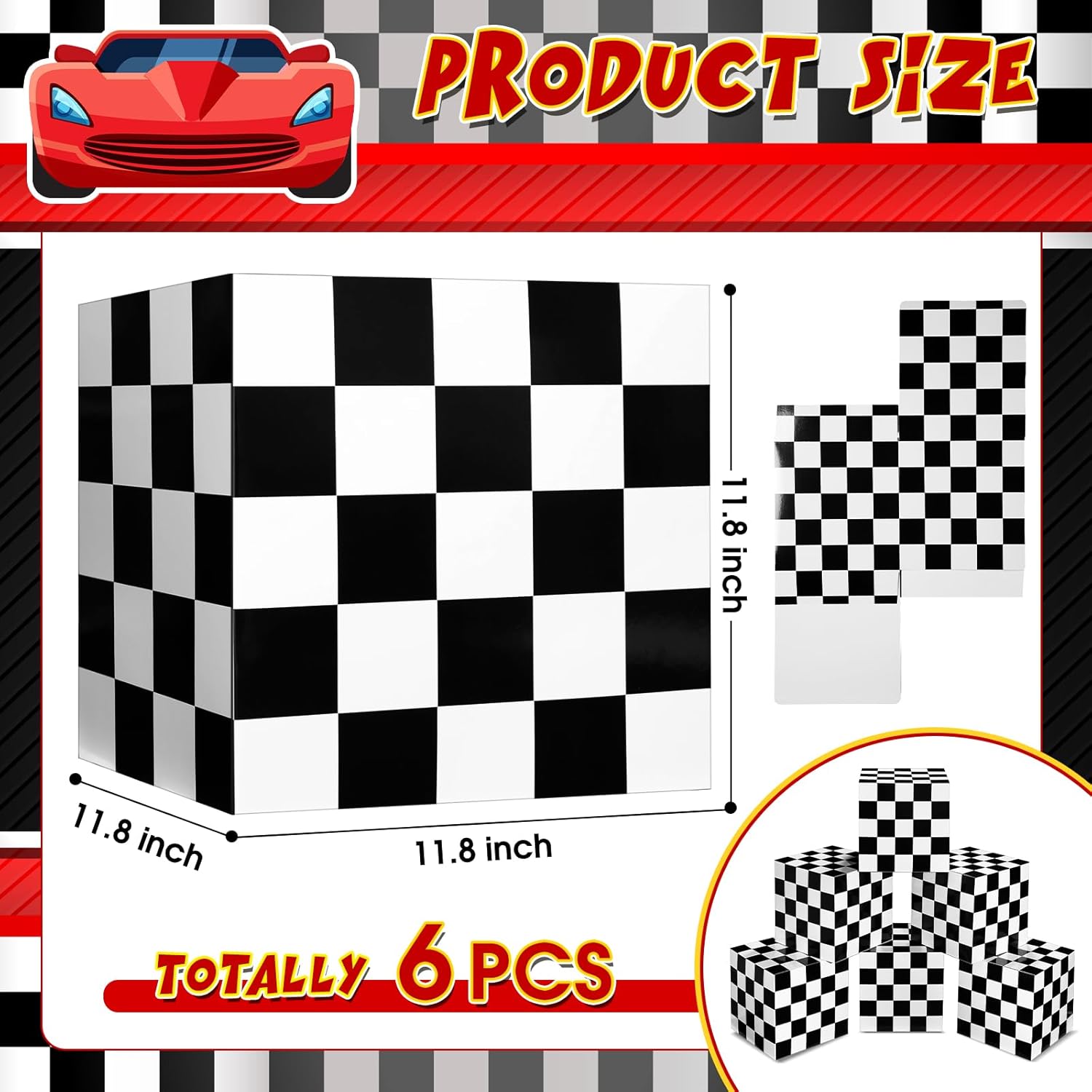 Dispowreath 6 Pcs Race Car Party Decorations Plaid Large Boxes for Decor 11.8 Inch Black and White Checkered Cardboard Big Box for Birthday Graduation Game Party Centerpiece Supplies