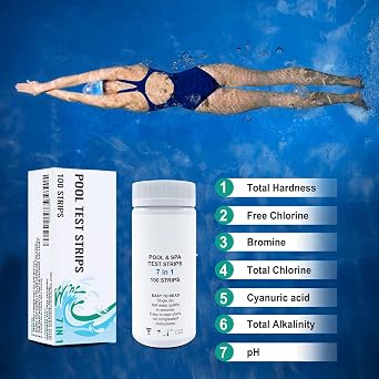 Pool Test Strips, 100-Piece Water Quality Testing Strips Pools Spa Hot Tub, Quick-Read Multifunctional Tester Kit Backyard Waters Maintenance, Fish Tank, Pond, and Home Use