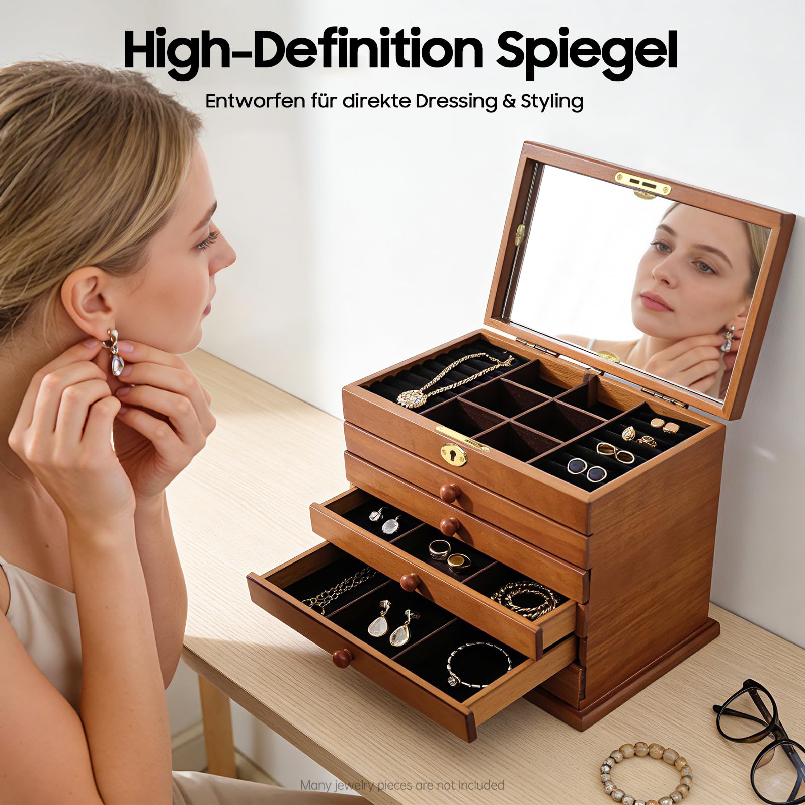Schmuckkästchen Holz mit 6 Schubladen und Spiegel | Hochwertige Schmuckaufbewahrung, Samt-Innenfutter, Für Ketten, Ohrringe, Ringe und Armbänder