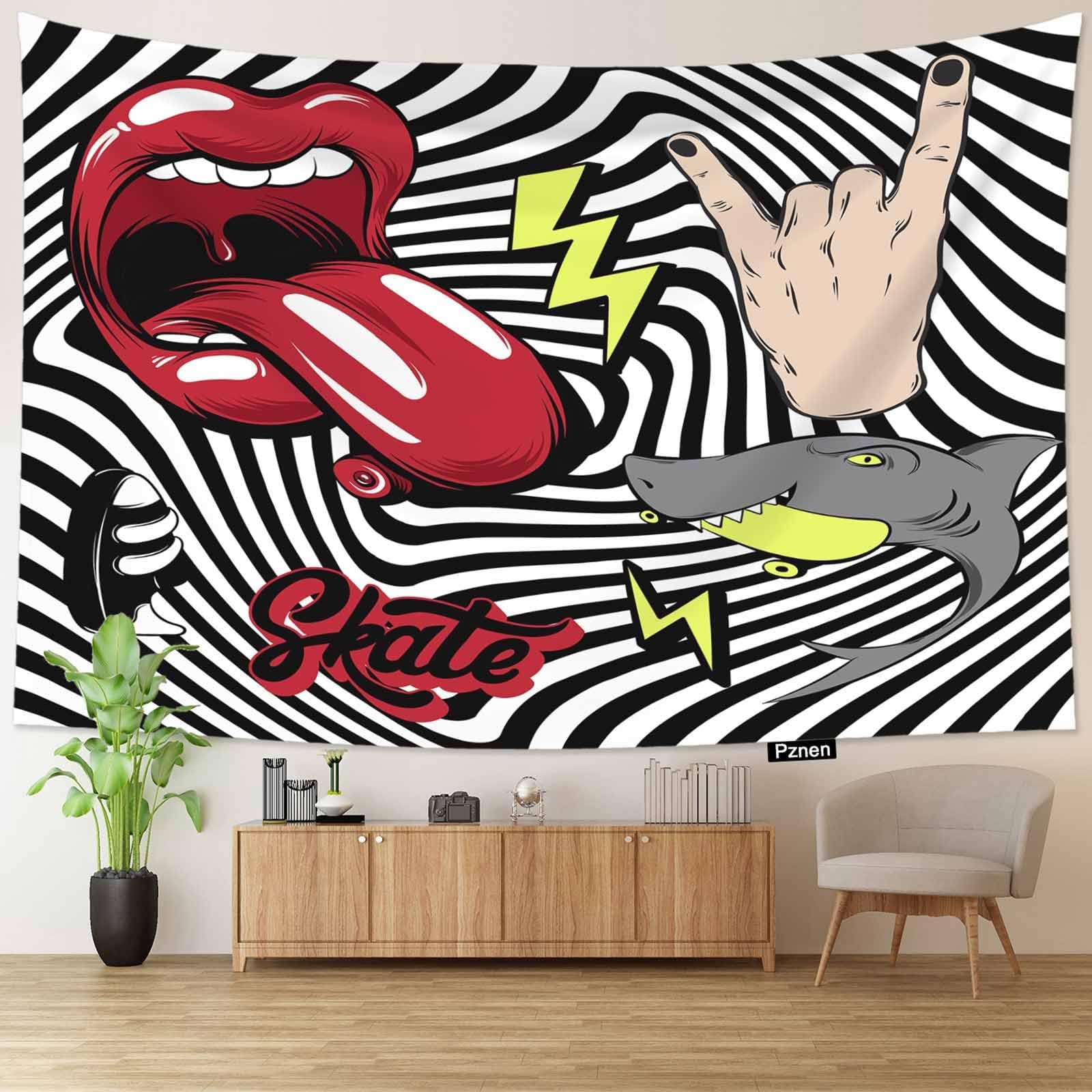 Pznen Mouth and Rock Hand Tapestry Collection of Hand Drawn Gesture Lightening Shark Tapestry for Bedroom Aesthetic 80x60 Inch
