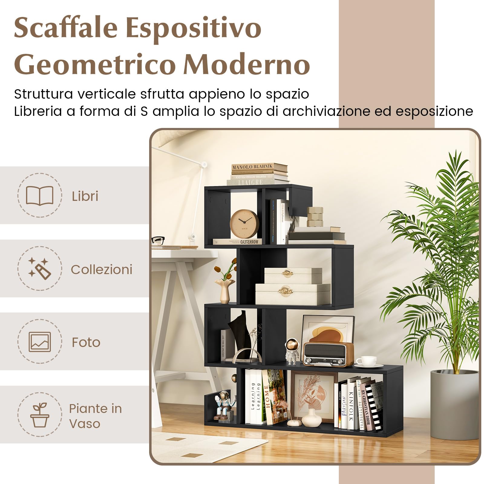 COSTWAY Libreria a Forma di S a 4 Ripiani, Scaffale Aperto Portaoggetti in Legno, Scaffale Verticale Separatore Multifunzionale, per Camera da Letto, Studio, Soggiorno, 80 x 22 x 100 cm (Nero)