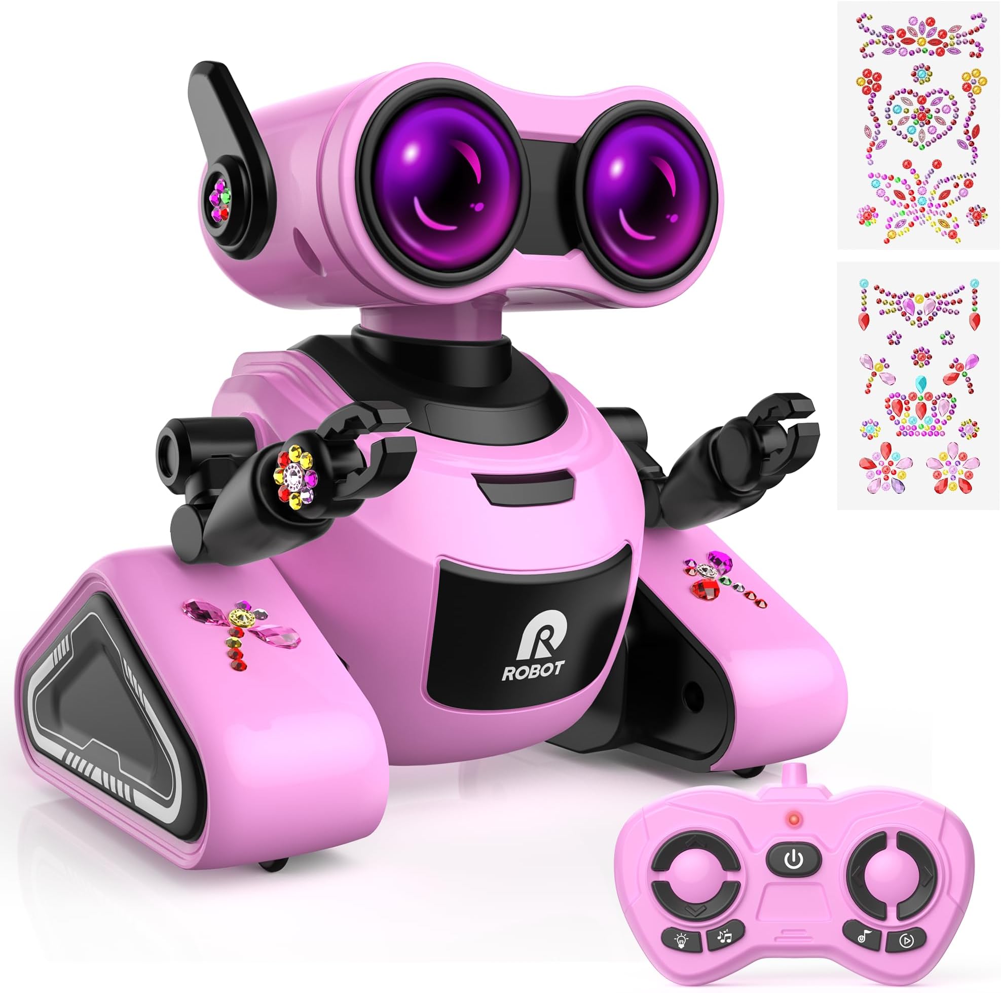 Yerloa Girls Robot Toys with 3D Stickers for 3-5, Baby Easter Toys Remote Control Robot Toy for Kids with Music and 4 Color LED Eyes, Singing, Dancing, Birthday for Boys Girls Aged 3 4 5 6 7 Year Old