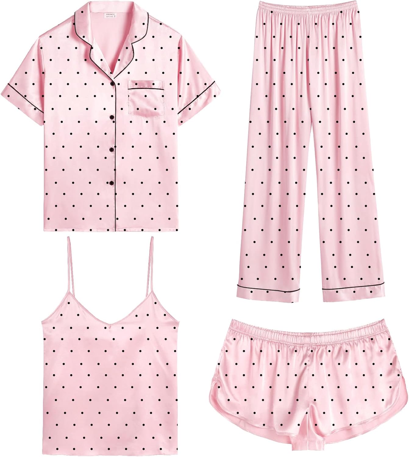 SWOMOG Womens Silk Satin Pajamas Sets 4pcs Sleepwear Sexy Cami Shorts Set and Button Down Short Sleeve Pjs Loungewear