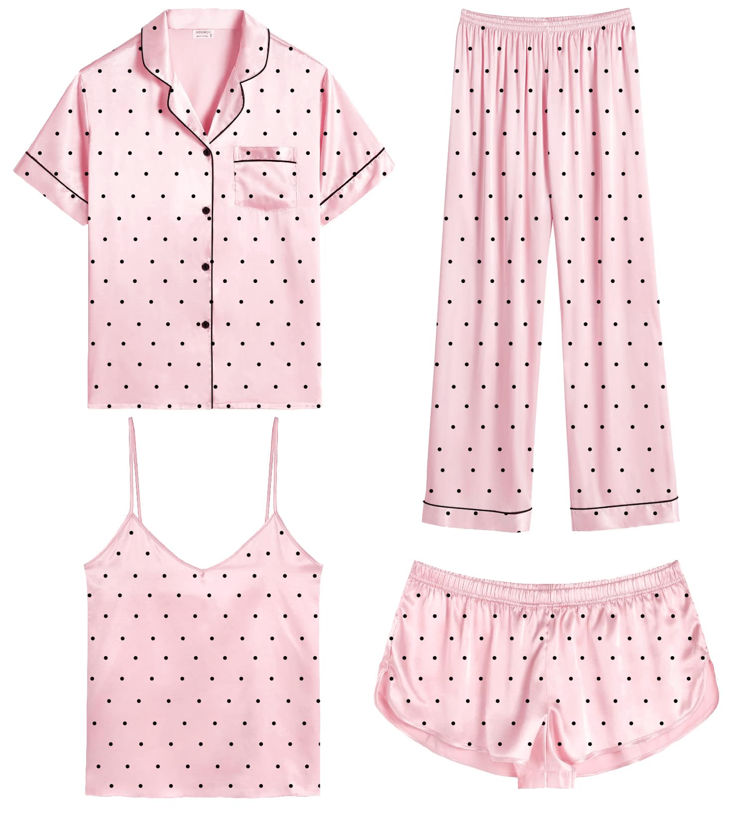 SWOMOG Womens Silk Satin Pajamas Sets 4pcs Sleepwear Sexy Cami Shorts Set and Button Down Short Sleeve Pjs Loungewear