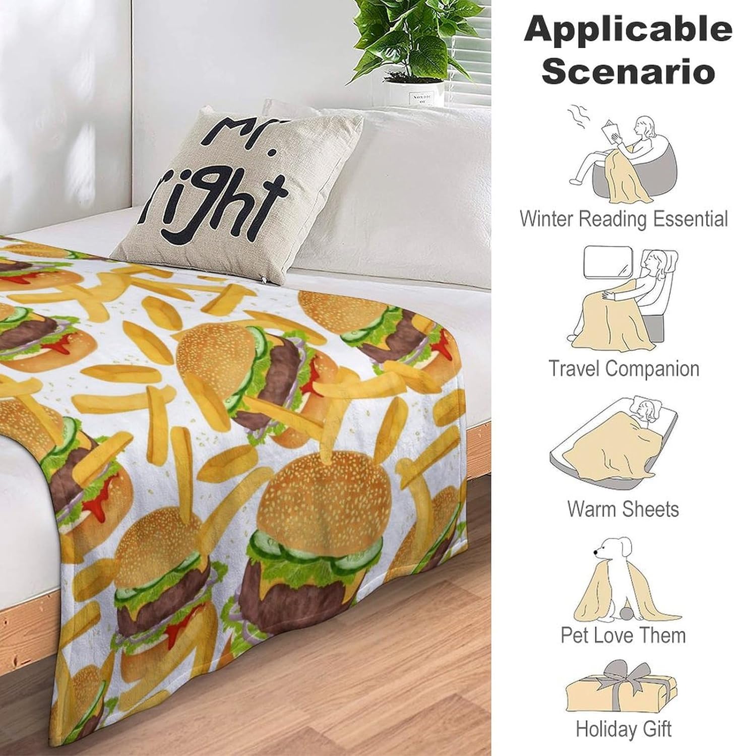 Hamburger French Fries Throw Blanket Burgers Food Funny Cute Meat Print Blankets Gifts Couch Sofa Bed Stuff Decor Soft Cozy Lightweight Fleece Plush Flannel Bedding for Lover Men Women Adults 40"x50" - Image 8