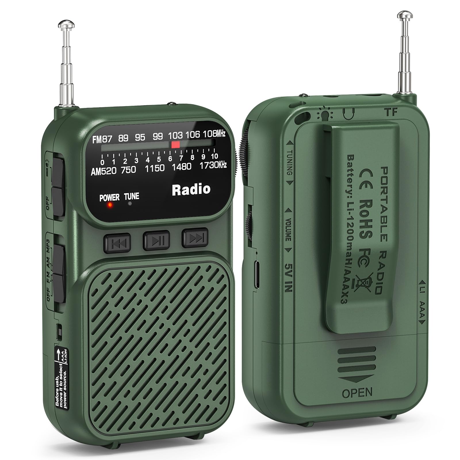 Tendak Mini Radio à Piles AM/FM/FM Bluetooth Portable 1200 mAh USB-C Vert