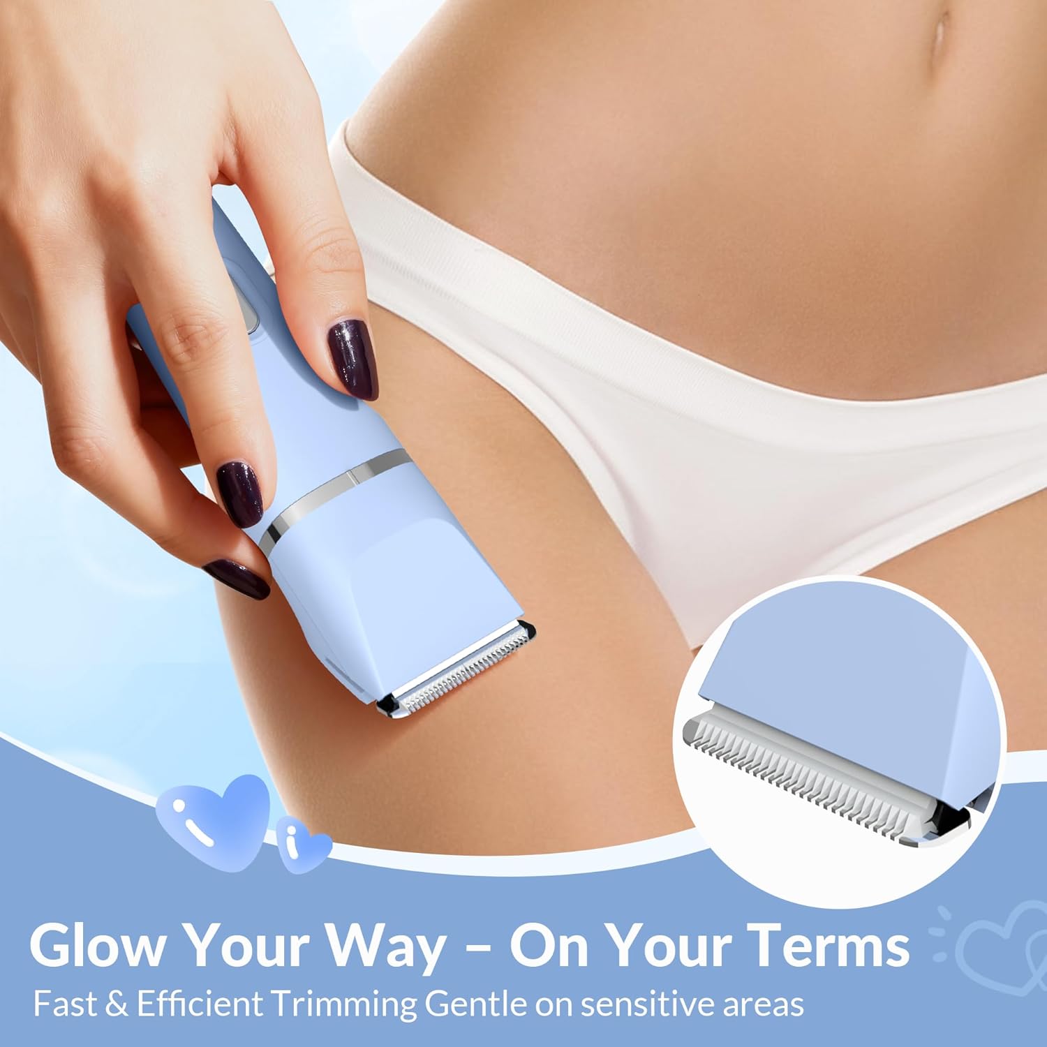 KINGTEE 5-in-1 Electric Bikini Trimmer for Women – IPX7 Waterproof Shaver, Cordless Body & Facial Razors for Women, Ceramic Blades, USB-C Rechargeable, Painless Hair Removal Kit (Blue) - Image 5