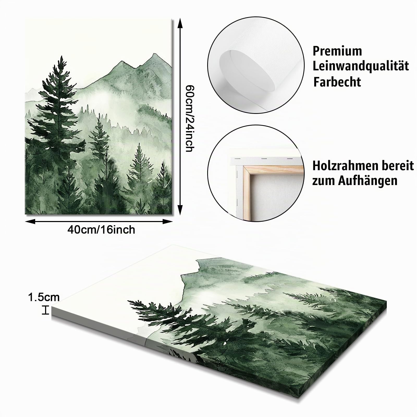 WENGTIAO 3 Stück Aquarell Berg Wald Leinwand Bilder Kunstdrucke Gerahmtes Bild Natur Landschaft Neblige Baum Berg Wandbilder auf Leinwand für Modern Wohnzimmer Schlafzimmer Wanddeko 40x60cmx3