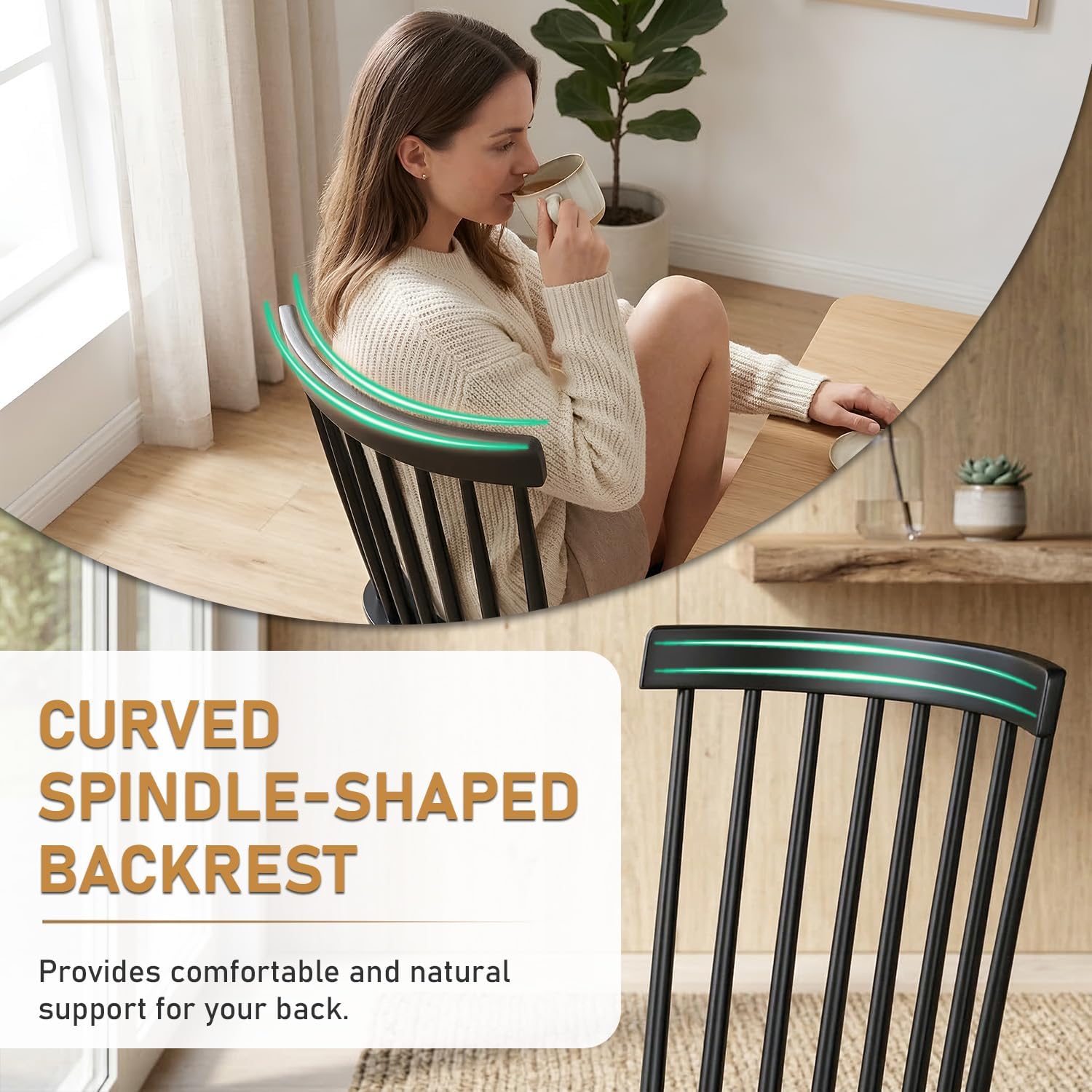 FDW Spindle Back Wooden Dining Chairs Set of 4, Sturdy Windsor Design with Wide Backrest, Comfortable Modern Farmhouse Chairs for Kitchen, Living Room & Restaurant, Easy Assembly, Black