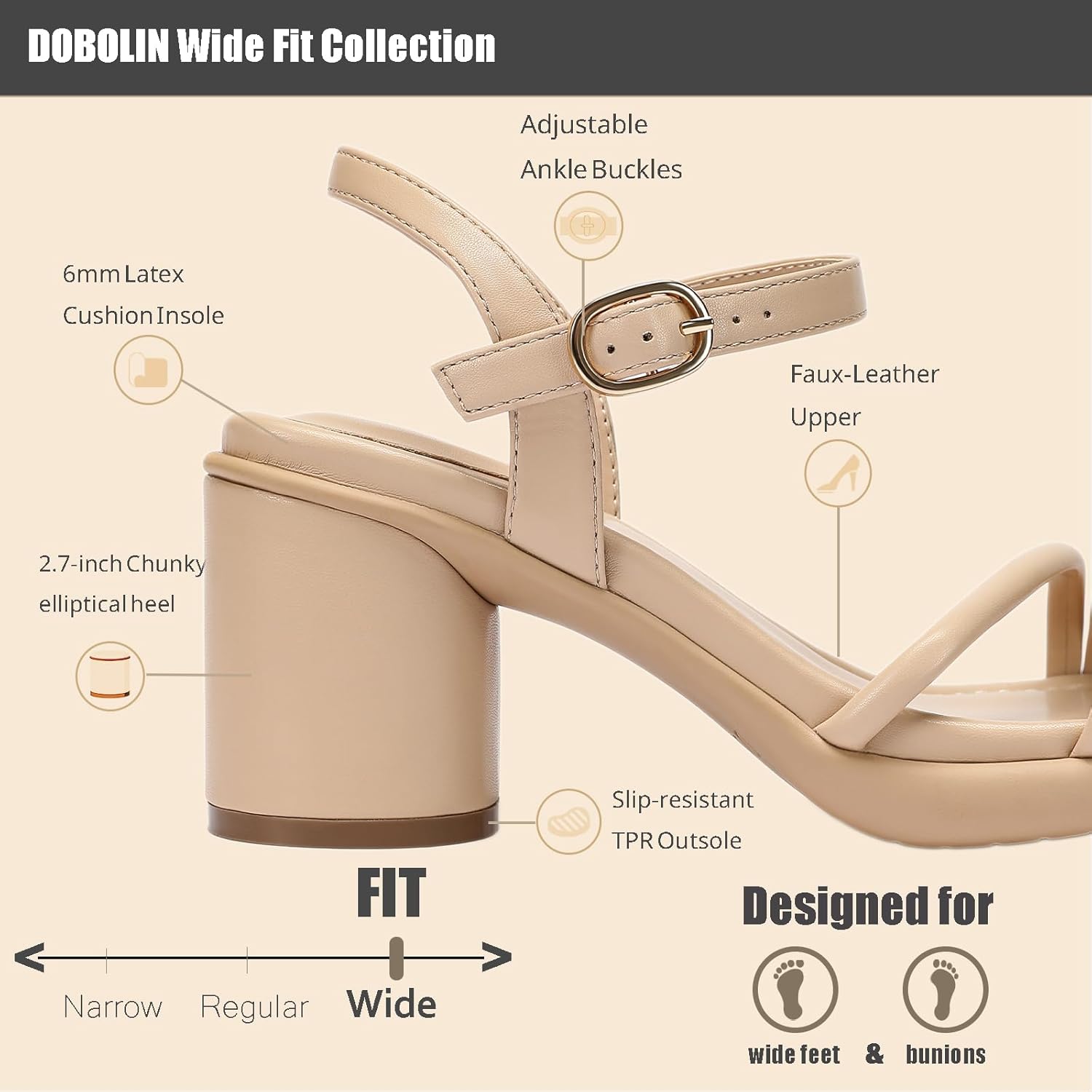 Women's Wide Width 2.7-Inch Block Heel Sandals Ankle Buckle Strappy Chunky Heels Prom Homecoming Wedding Dress Shoes