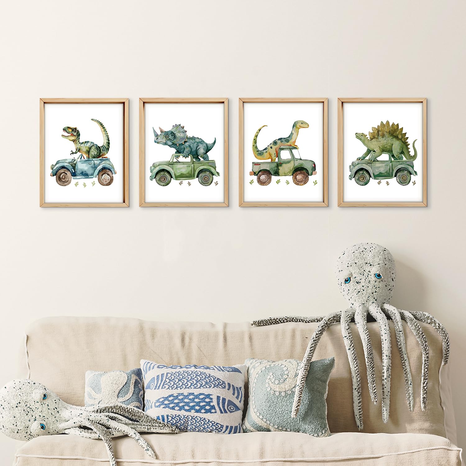 VONTP Decoración de pared de dinosaurio, camión de construcción de dinosaurio verde, obra de arte para habitación de niños, cuarto de bebé, sala de juegos, 8 x 10 pulgadas, juego de 4 (sin marco)