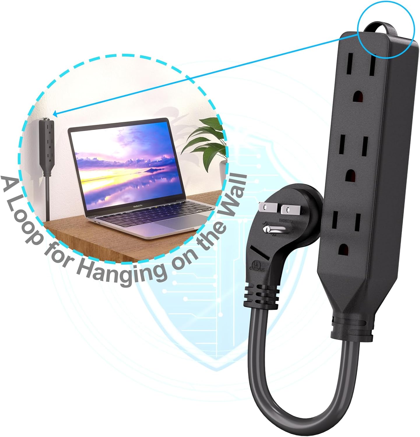 1FT Short Flat Plug Extension Cord - HICITY 3 Outlet Power Strip, 16AWG SJT Cord 13A 125V 1625W, Short Flexible Splitter (2 Pack) Black