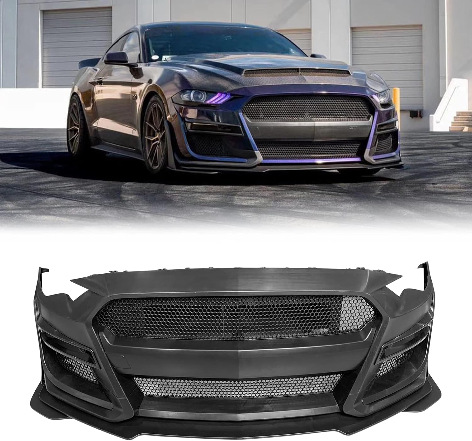 FREEMOTOR802 Front Bumper Fits 2018-2023 Ford Mustang | GT500 Style Front Bumper Cover Replacement Full Conversion Kit with Lip, Grilles, Fog Light Covers Black Primer PP