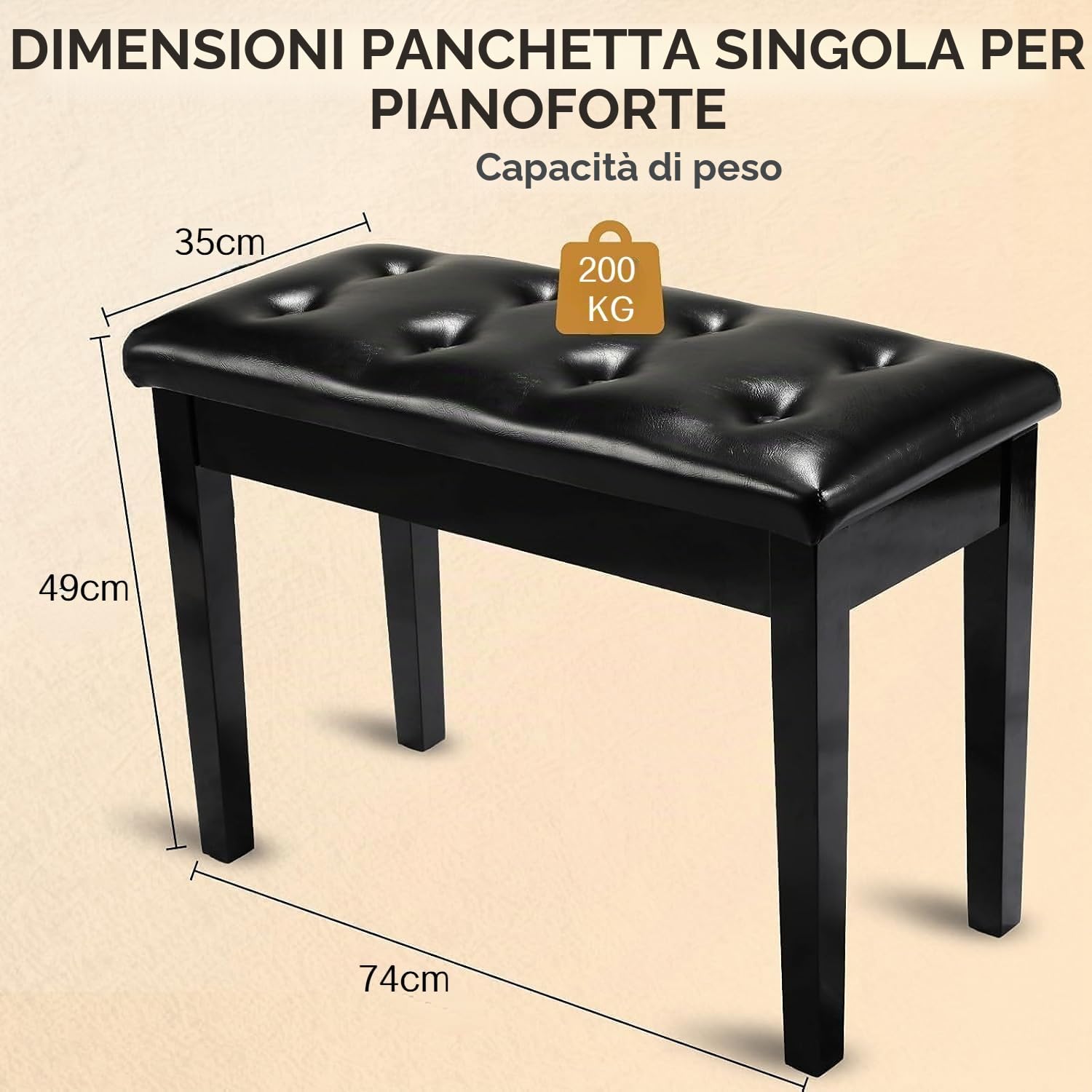 Sgabello per Pianoforte, 75x35x49CM, Panca Pianoforte con Spazio di Archiviazione, Sedia Pianoforte con 4CM Cuscino in Pelle PU, Gambe in Legno Massello, Sgabello Pianoforte Carico Massimo 200KG, Nero