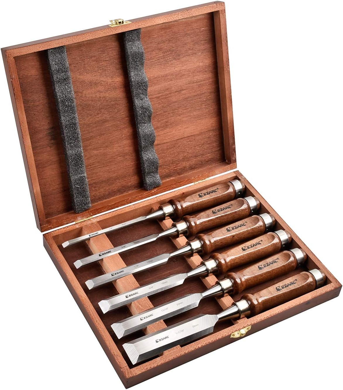 Wood Chisel Tool Sets, 6 Pieces Chrome Vanadium and Hard Ashtree Handle Woodworking Chisel Kit with Premium Wooden Case for Carpentry Craftsman