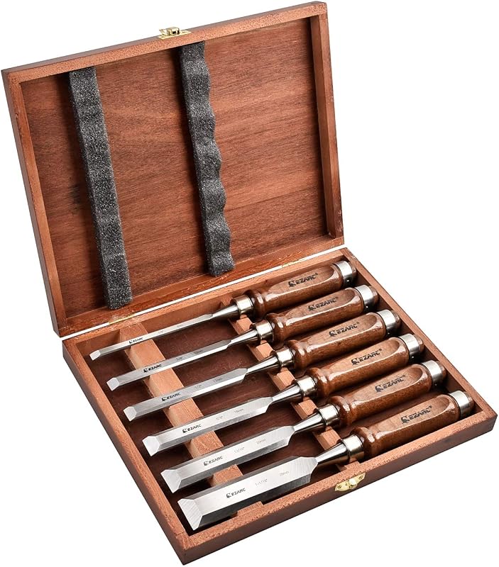 Wood Chisel Set, 6PCS 1/4-1 Inch CR-V Chisels with Wooden Case | Woodworking Carving Chisel Kit, CR-V Steel HRC60, Beech Handles, 25° Bevel, Sharp Out of Box, Wooden Storage Case