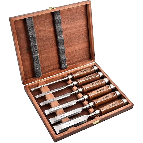 EZARC 6 Pieces Wood Chisel Tool Sets Woodworking Carving Chisel Kit with Premium Wooden Case for Carpenter Craftsman