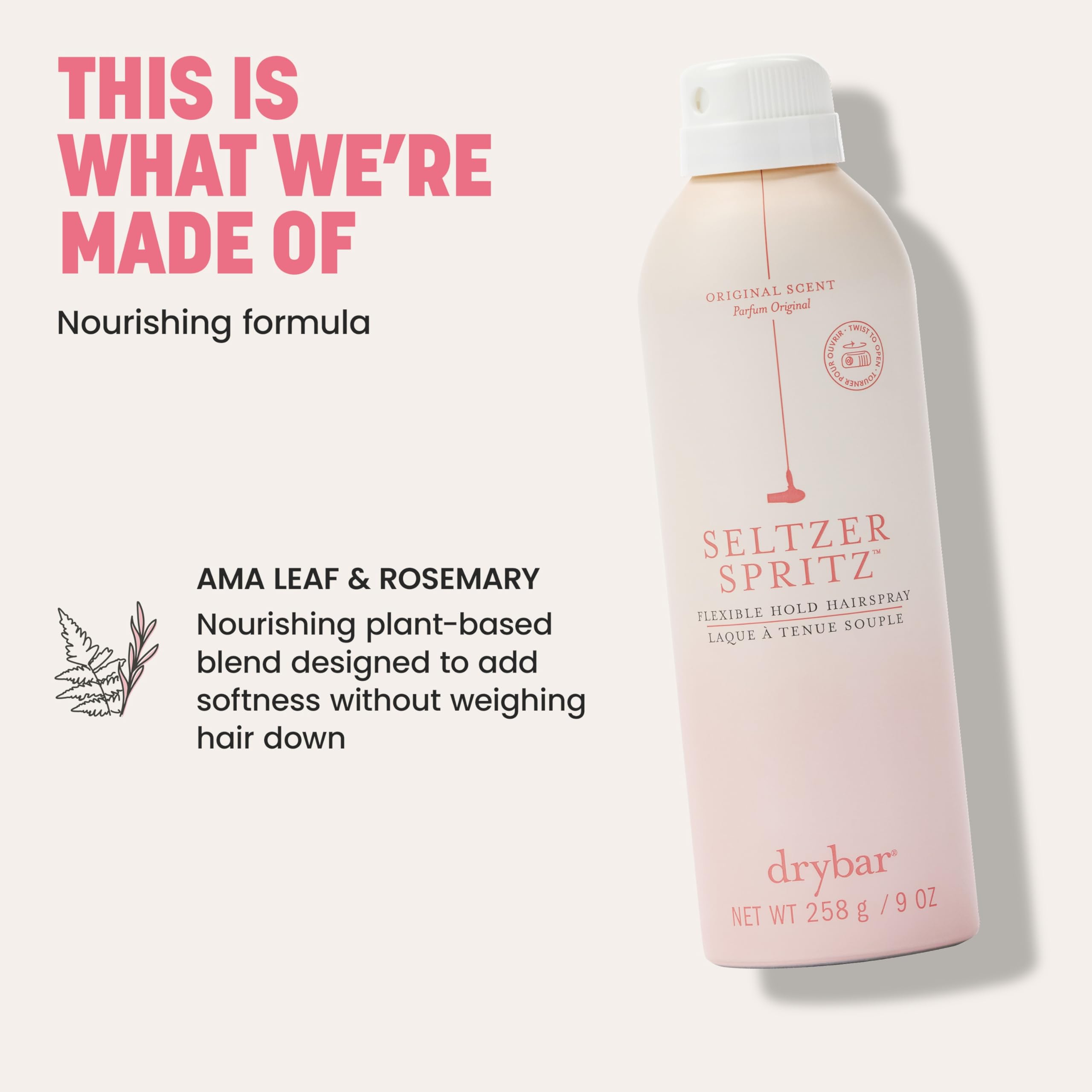 Drybar Seltzer Spritz Flexible Hold Hairspray | Holds Style for 8 Hours* with Touchable Finish, Adds Softness, Ultrafine Mist Diffuser for Even, Quick Drying Application, Vegan & Cruelty Free