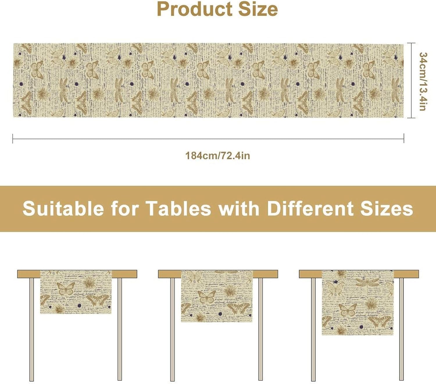 Newspaper Printed Table Runner, Rustic Farmhouse Newspaper Butterfly Pattern Print Table Runner for Book Coffee Kitchen Dining Table Decor Home Decor Party Holiday, 13x120 Inch