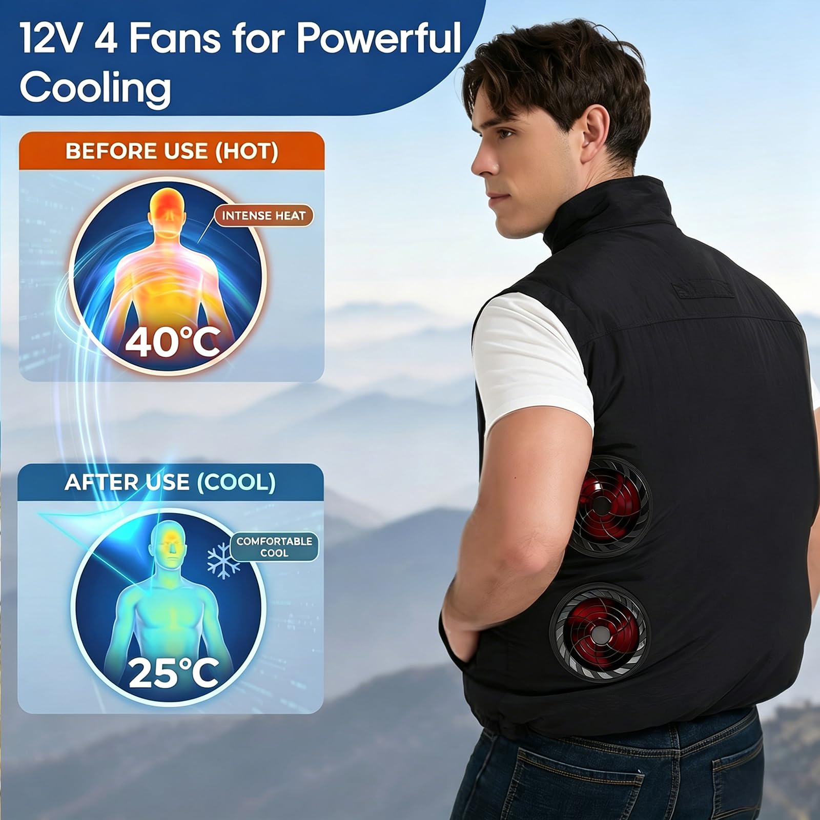 Kühlweste, 12 V, elektrische Kühlweste mit 4 Ventilatoren, klimatisierte Jacke für Damen und Herren, Sommer, Outdoor, inklusive Batterie