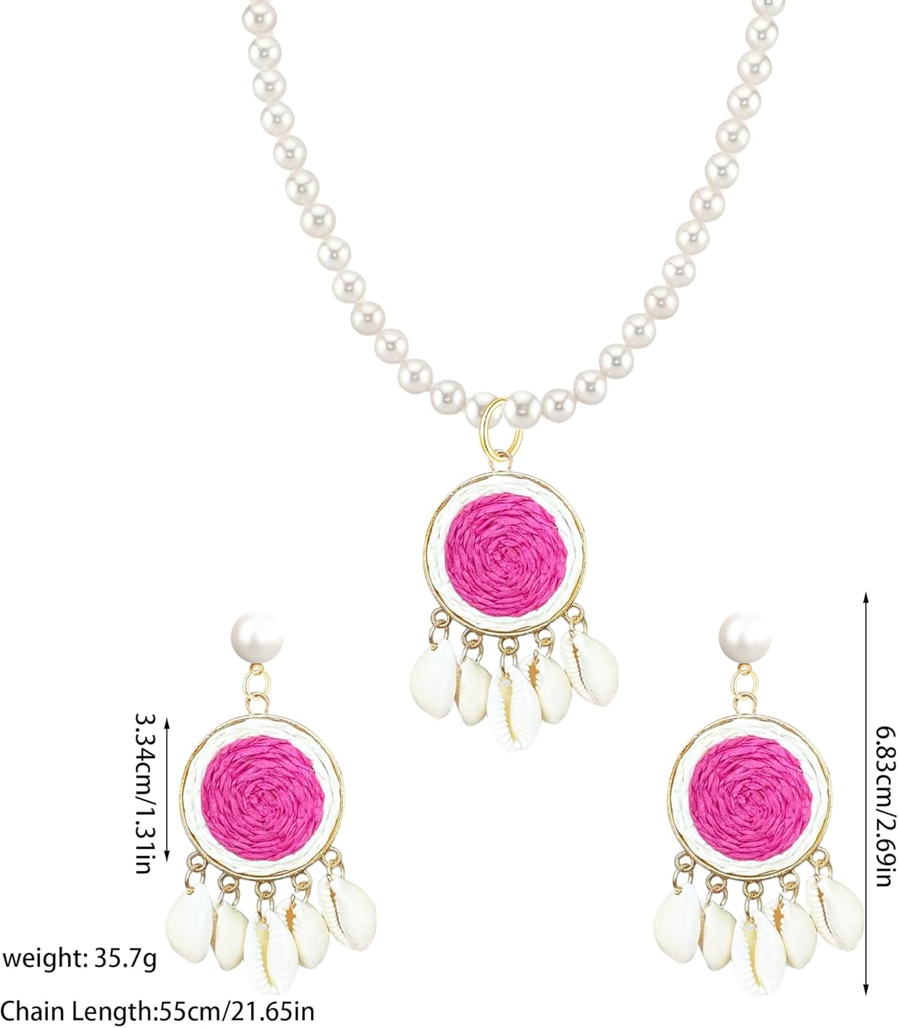 Summer Beach Vacation Earrings and Necklace Set Lafite Grass Woven Round Design Bohemian Shell Tassel Pendant for Women - Image 5