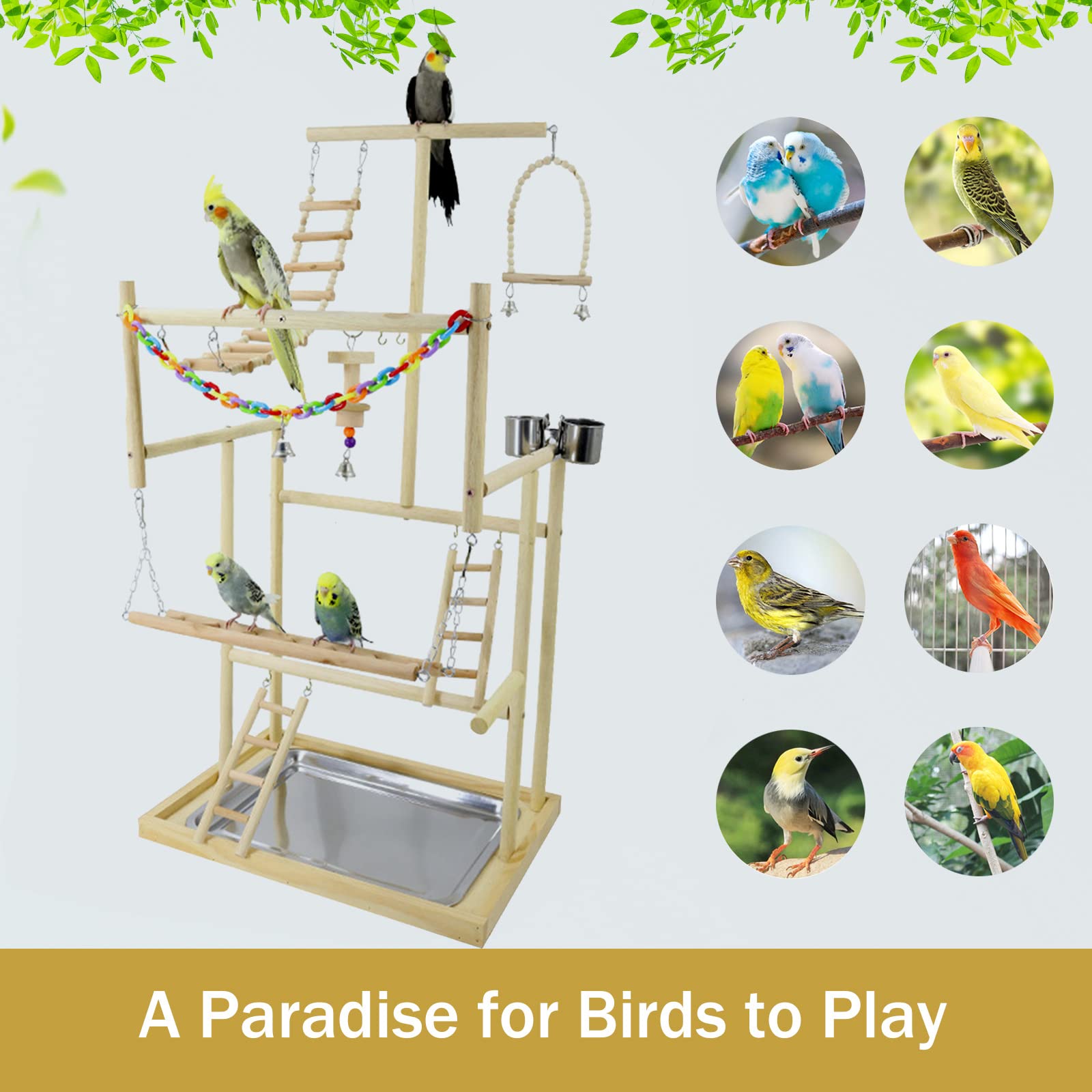 Joyeee Parco giochi per pappagalli XL 48 x 33 x 94,5 cm vassoio in acciaio inox altalena in legno