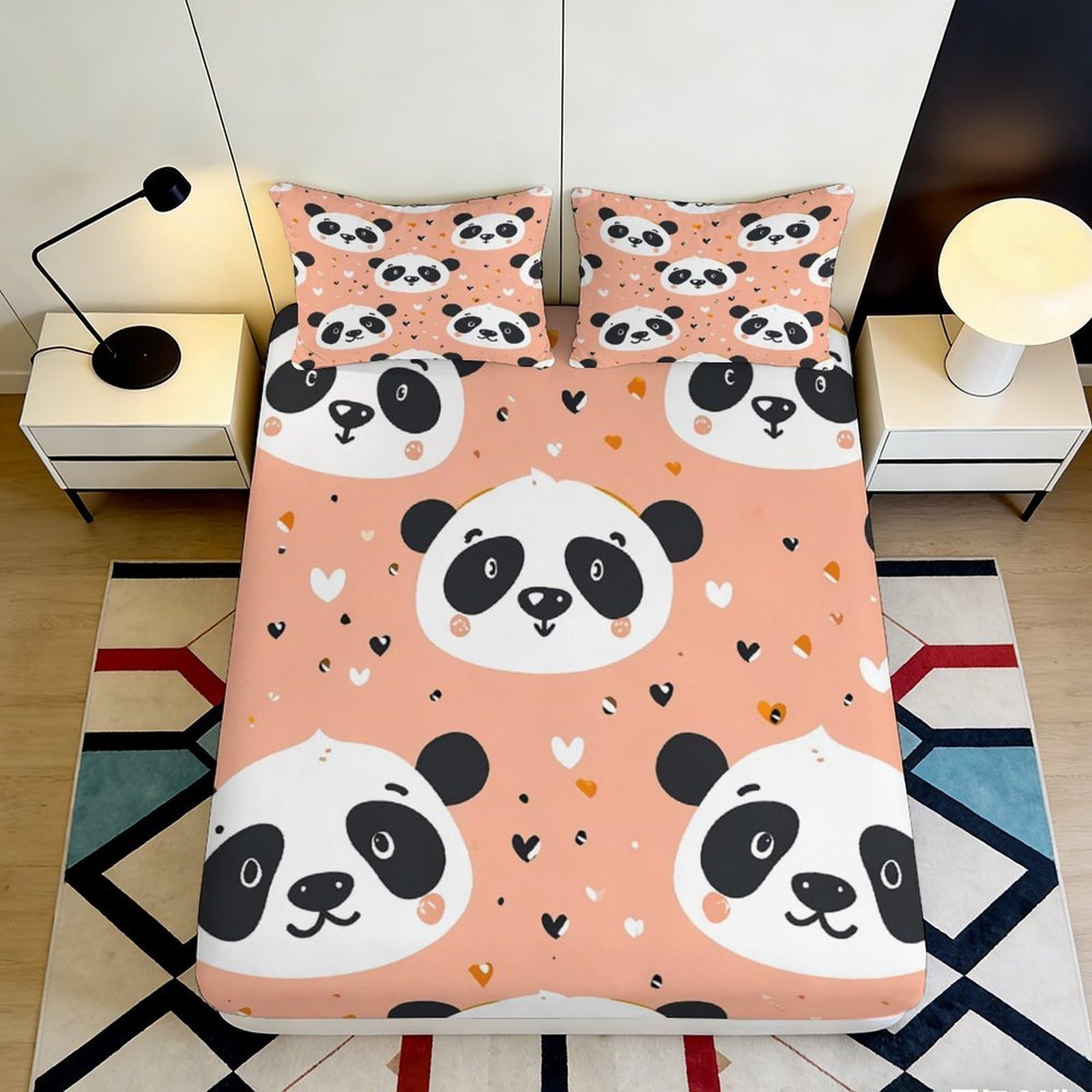 3D Printed Cute Panda Pattern Fitted Sheet Microfiber Peach Pink Cartoon Animal Mattress Cover for Bedroom Guest Room 140x200x25cm