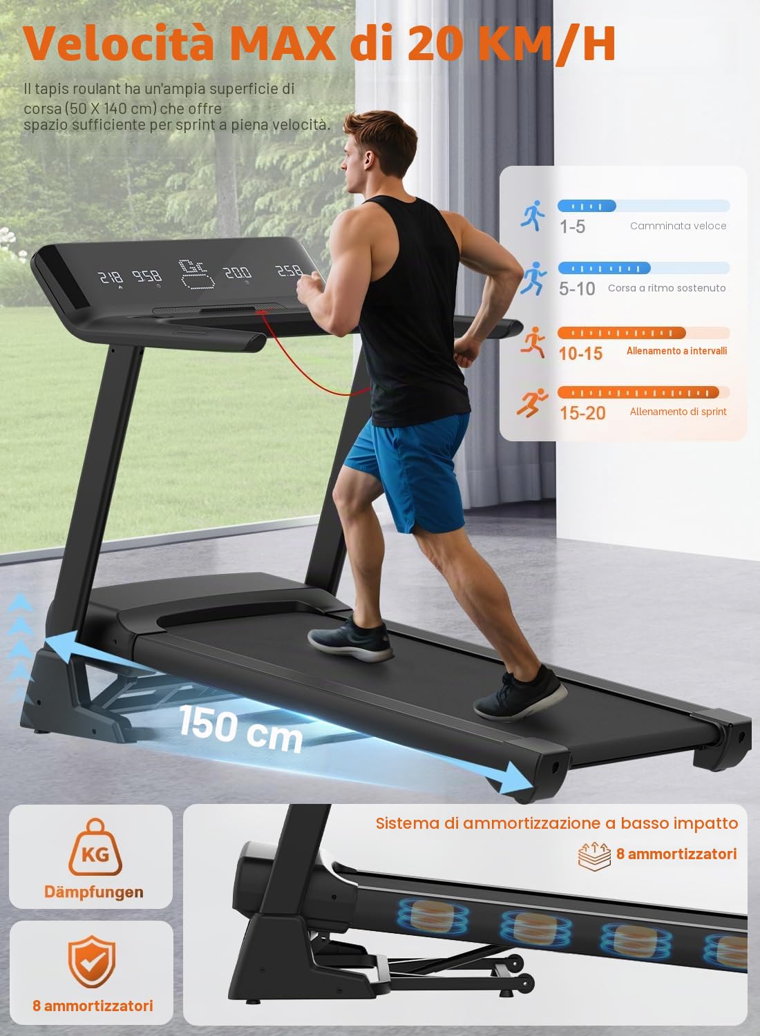 Tapis Roulant, Tapis Roulant Pieghevole da 7HP con Livelli di Inclinazione del 20%, 1km/h- 20km/h, Capacità di peso 200KG, Ampio Display LCD e Sensore di Pulsazioni, Macchina da Corsa Compatibi