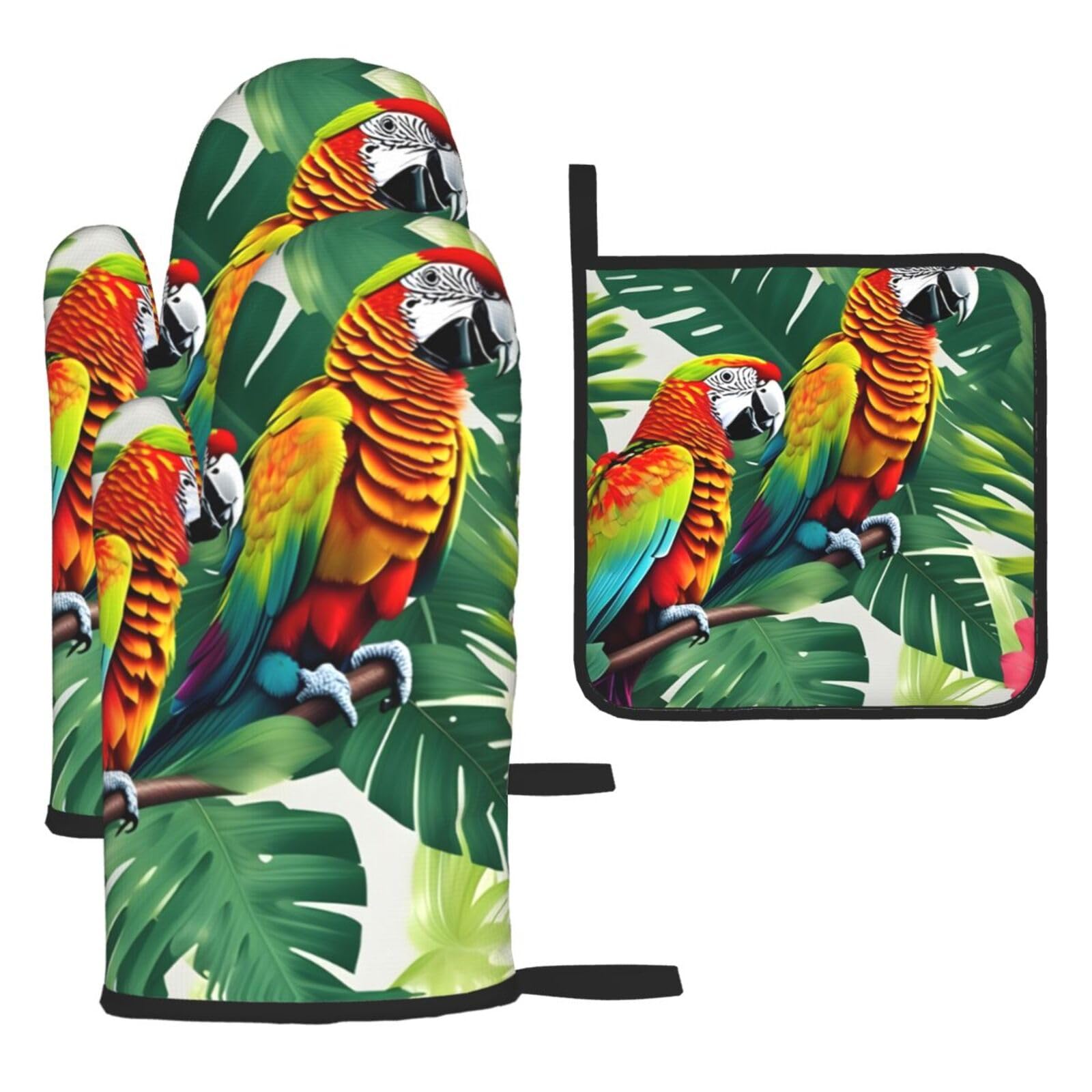 Tropical Flower Leaf Parrot Print Oven Mitts and Potholders BBQ Gloves-Oven Mitts and Pot Holders for Cooking Baking