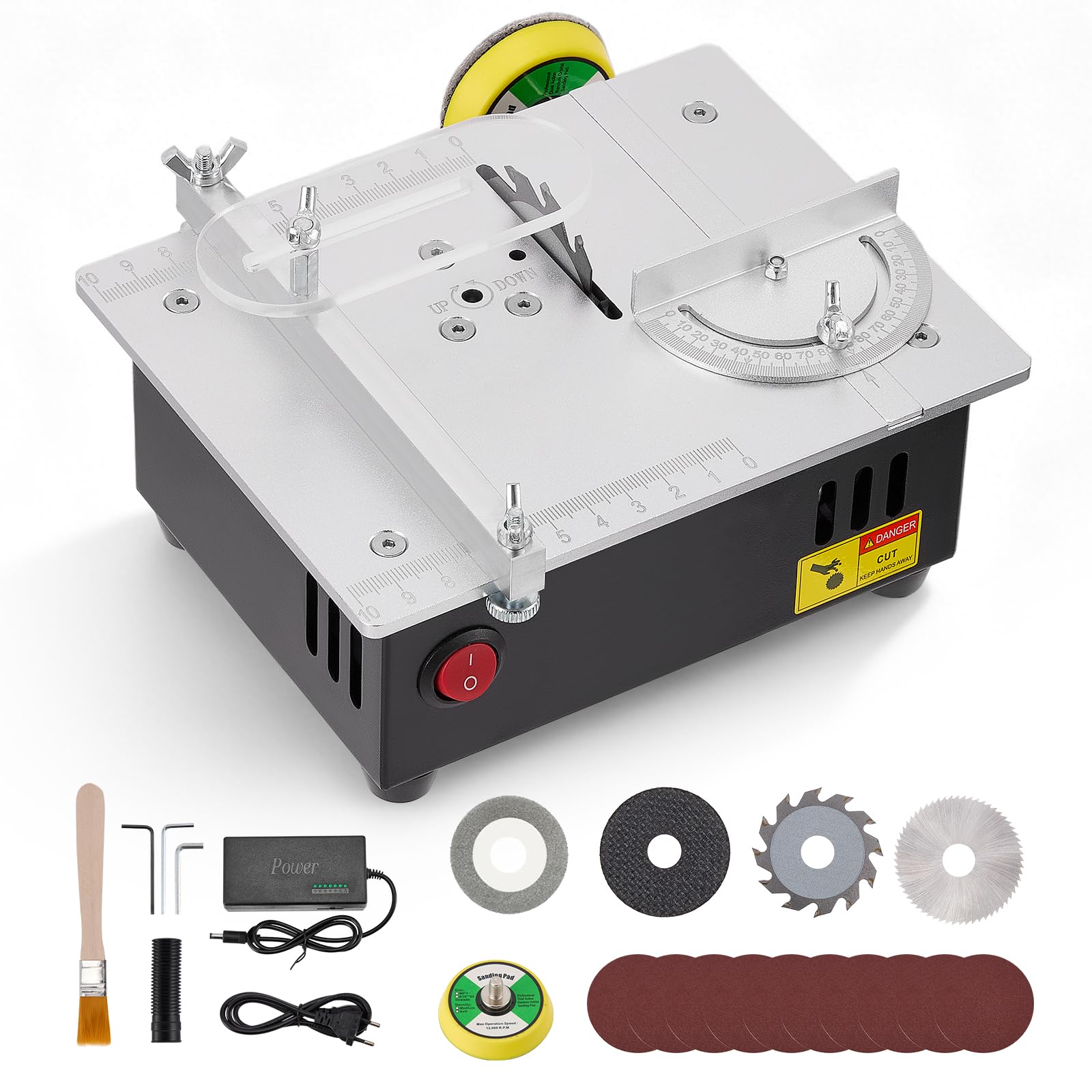 Mini sierra circular de mesa, 5000RPM 100W 0.1-15mm Corte y amolado Sierra de mesa pequeña para carpintería, acrílico, bricolaje, PVC, sierra de precisión Máquina cortadora pequeña