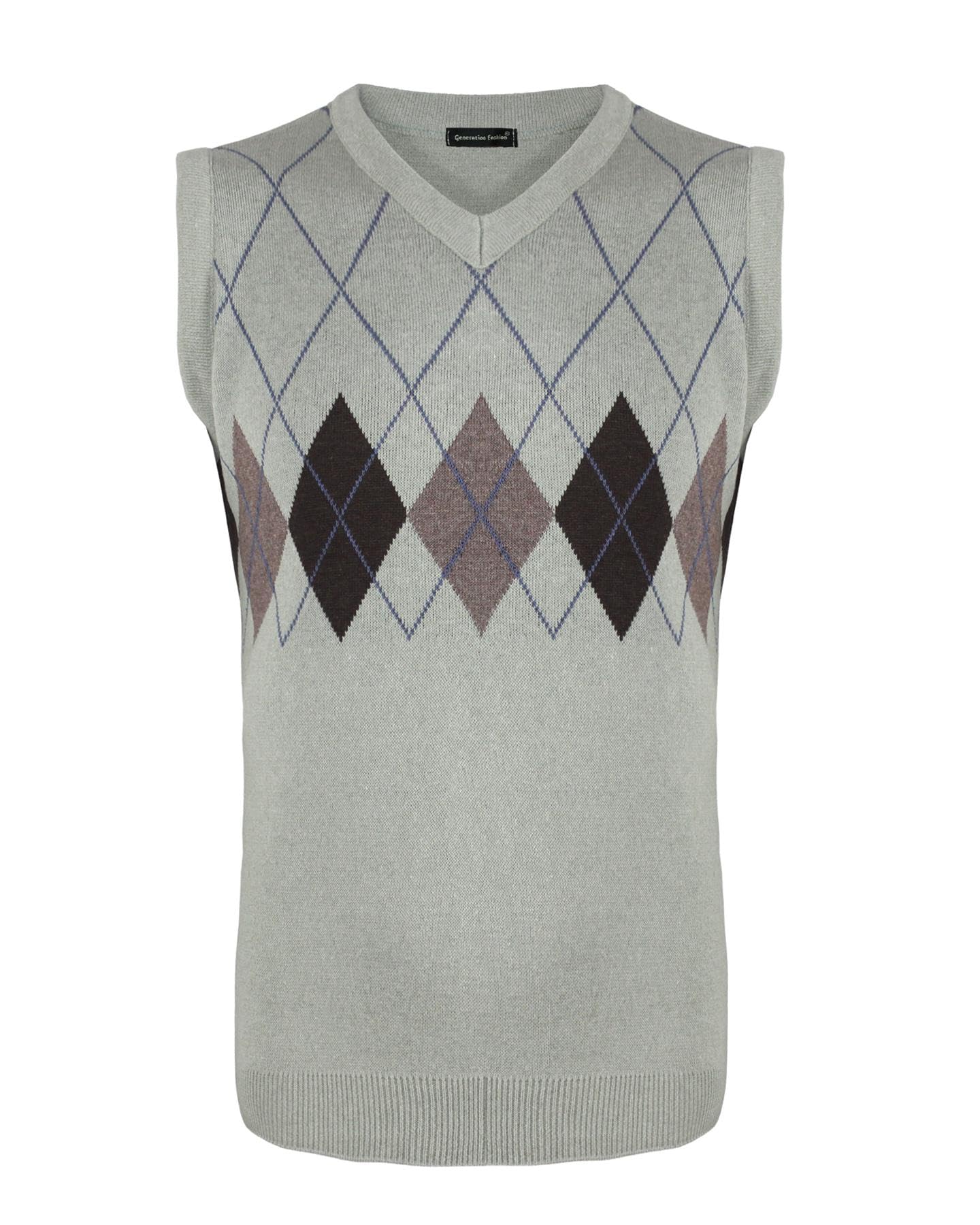 New Men Classic V-Neck Knitted Sleeveless Vest Jumper Top Sweater with Ribbed Edge Argyle Knit S-3XL[Sage Green,L ]