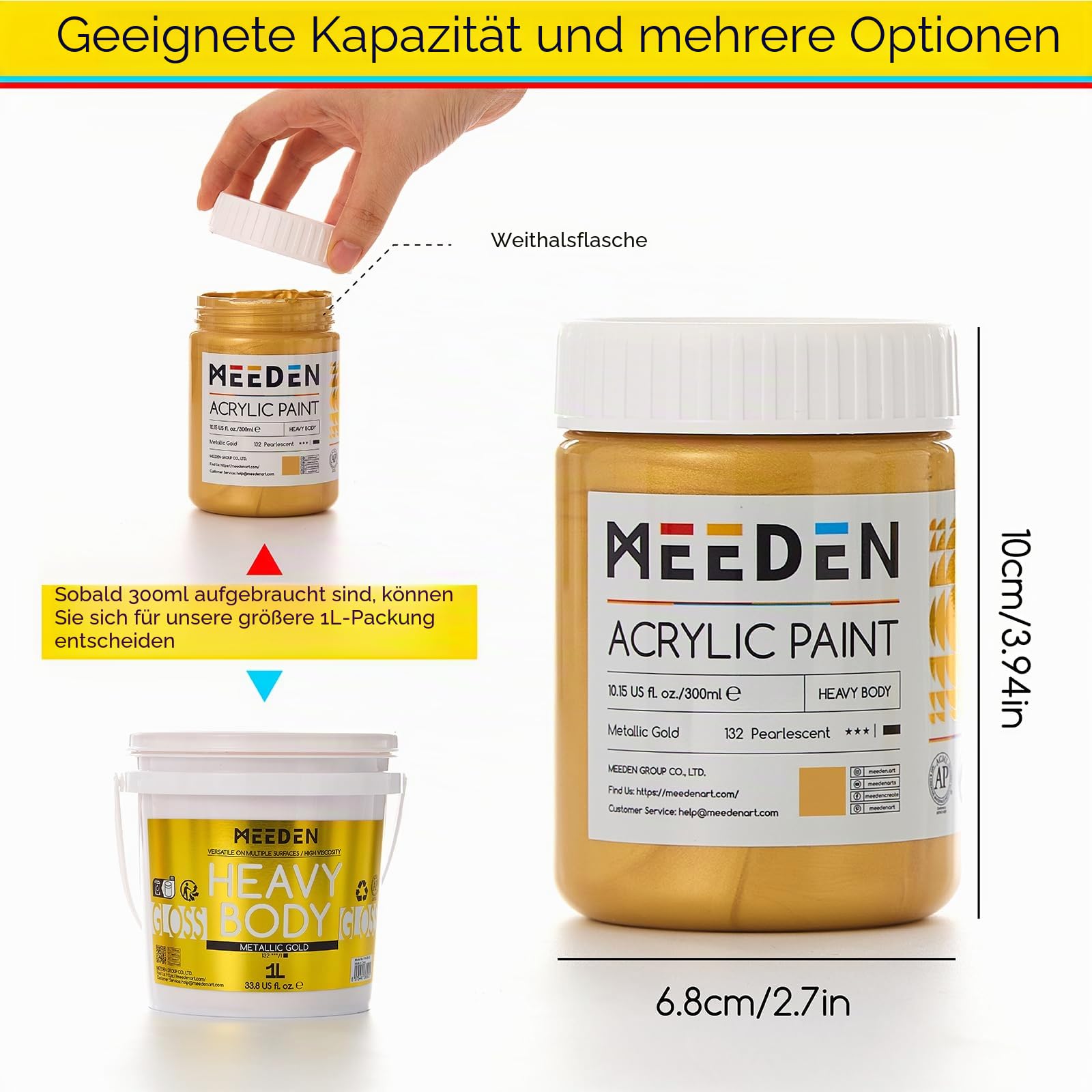 MEEDN Metallisches Acrylfarbset: 300 ml Acrylic Paint Set mit Gold Silber & Kupfer für Erwachsene zum Basteln, Weihnachtsdekor - Dicke Goldblattfarben für Holzmöbelmalerei