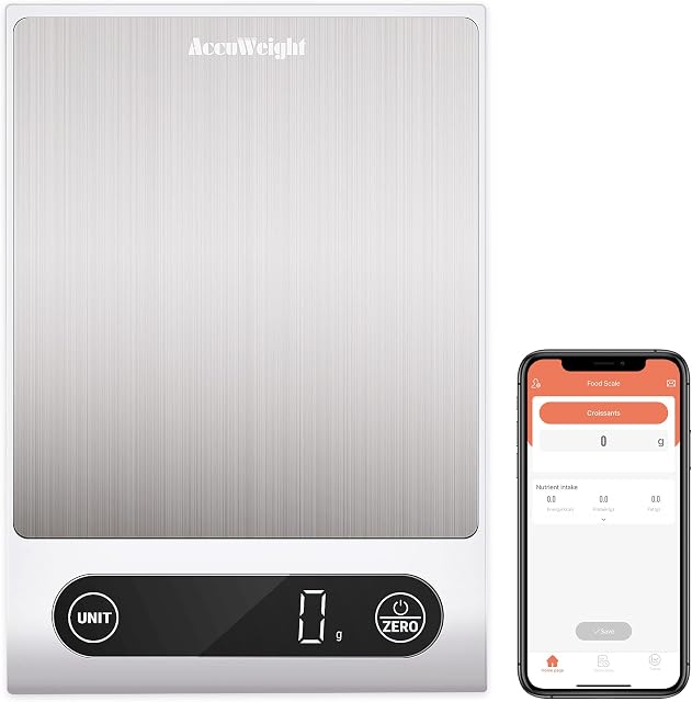 ACCUWEIGHT 795 Smart Food Scales with APP, Calorie tracking & Nutrition Analysis, Waterproof Digital Kitchen Scales Weight Grams and Oz, Food Weighing Scale for Baking, Cooking, Weight Loss, 5kg/11lbs