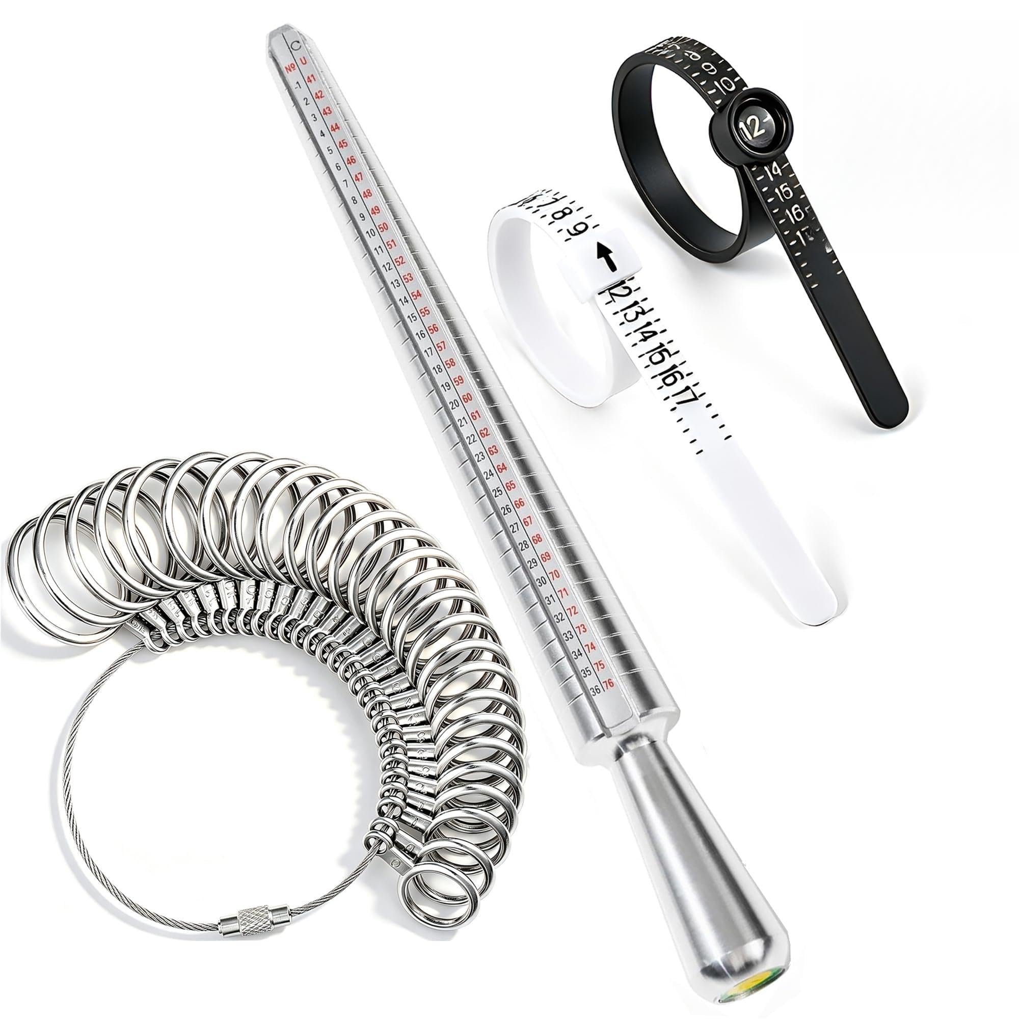Bflaae 4 PCS Ring Sizer Measuring Tool Kit with Ring Mandrel, 27 PCS Stainless Steel Ring Gauges, 2 PCS Reusable Finger Size Tape with Magnified Glass 1-17 USA Rings Size