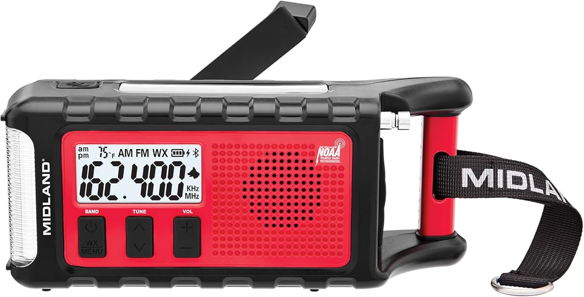 Midland - ER310PRO, Portable Emergency Bluetooth Weather AM/FM Radio with 10,000 mAh Power Bank - Multiple Power Sources, SOS Flashlight, Ultrasonic Rescue Dog Siren, & NOAA Weather (Red/Black)
