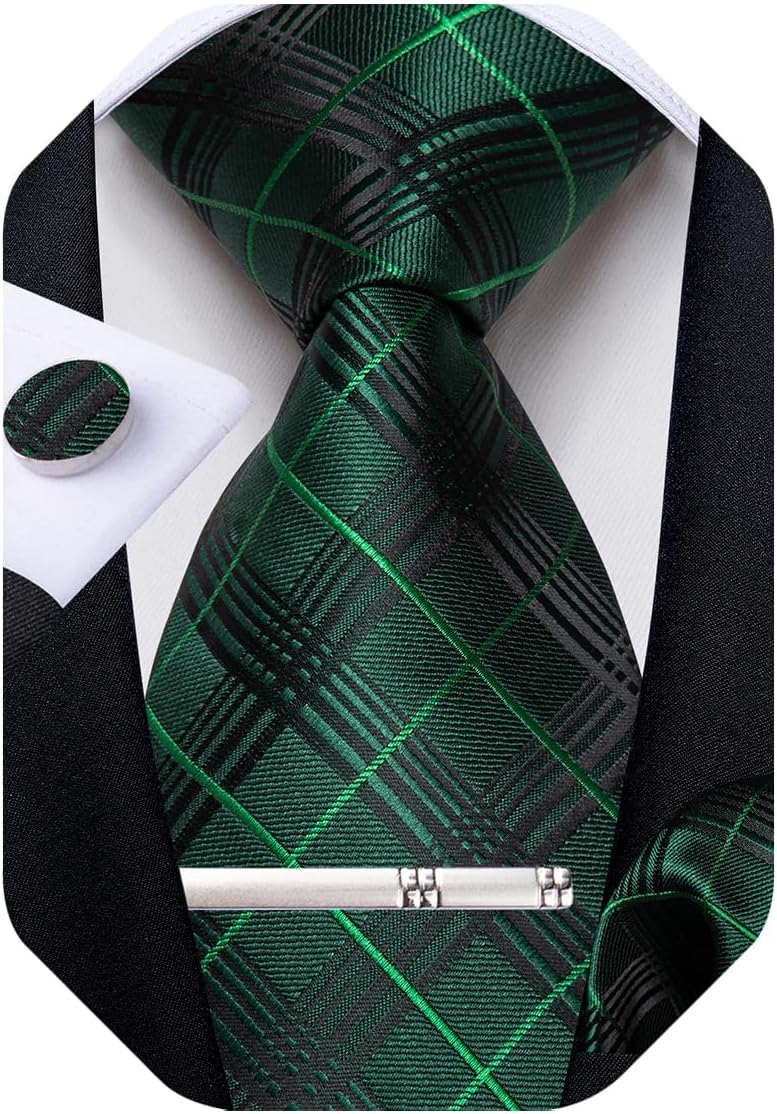 DiBanGu Mens Tie Silk Plaid Striped Necktie and Pocket Square Cufflinks Tie Clip Set with Gift Box Formal Wedding Party