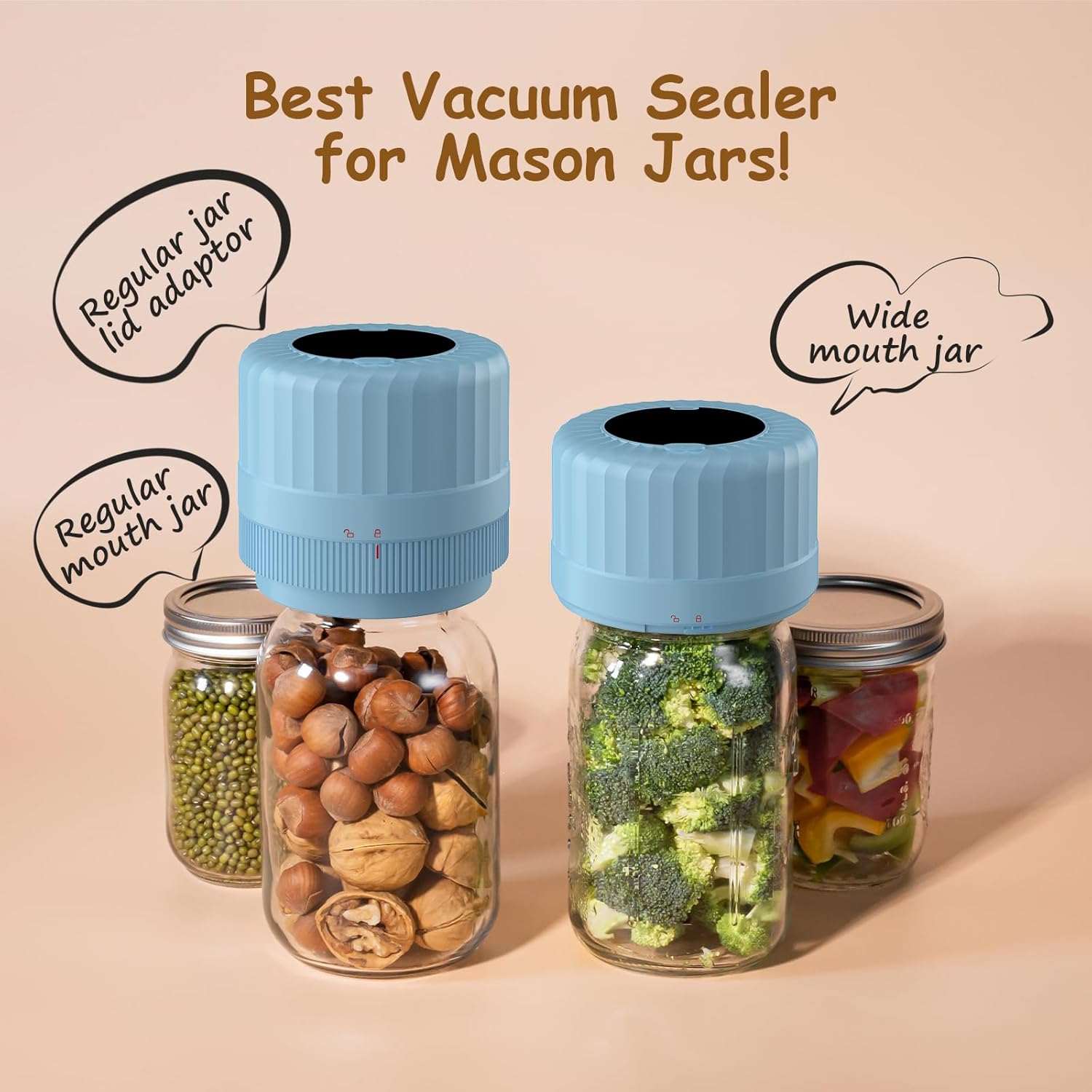 Electric Mason Jar Vacuum Sealer - Fully Automatic Mason Jar Vacuum Sealer Kit for All Mason Jars with Regular Lids and Wide Mouth Lids, A Must-Have Tool for Canned Foods/Pantry - Blue