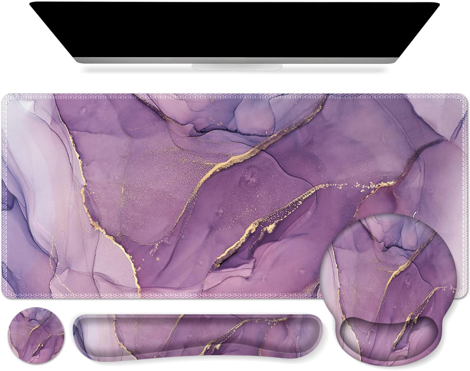 Purple Ergonomic Large Mouse Pad with Wrist Support, 4in1 XXL Desk Mat Set- Keyboard Wrist Rest + Mouse Wrist Rest + Coaster, Marble Style Desk Pad Mousepad