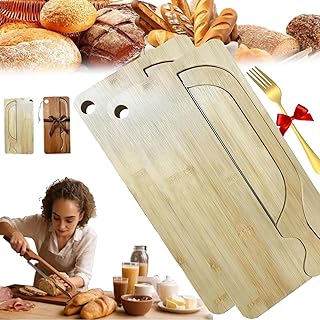 Bow Knife and Board Set, 8 inch Sourdough Knife and Cutting Board, Natural Wood Reversible Cutting Design Easily Cut, Stainless Steel Cutter with Matching Crumb Tray, for Various Types of Bread (B*2)