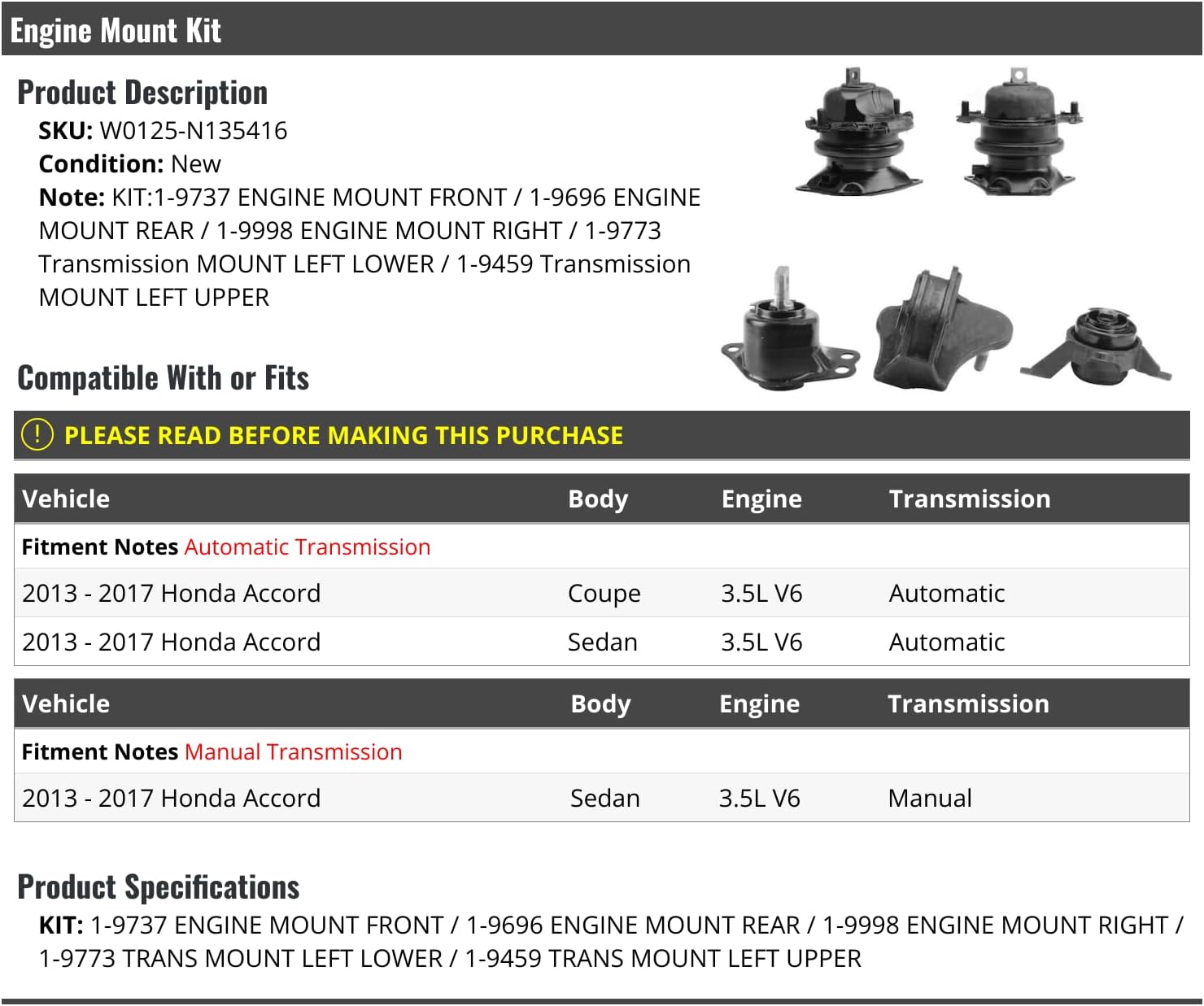 Engine Mount and Transmission Mount Kit - 5 Piece - Compatible with 2013-2017 Honda Accord 3.5L V6