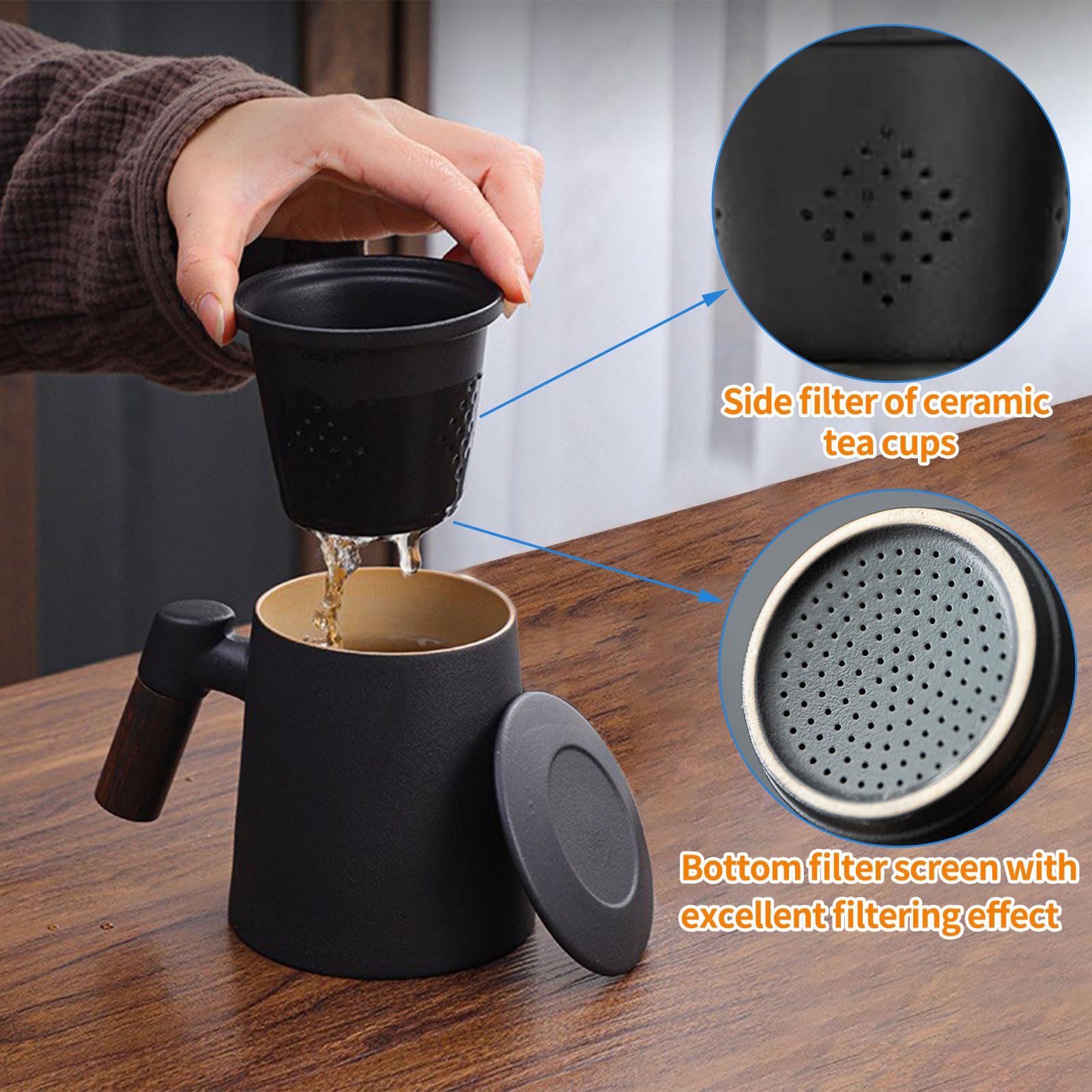 Tazza di Ceramica con Filtro e Coperchio, Tazze da Te con Infusore e Colino 400ml Grande, Tazzine da The con Manico Legno perfetto per La Preparazione di tè Sciolto, Regalo Tazza per Tisana Infusi