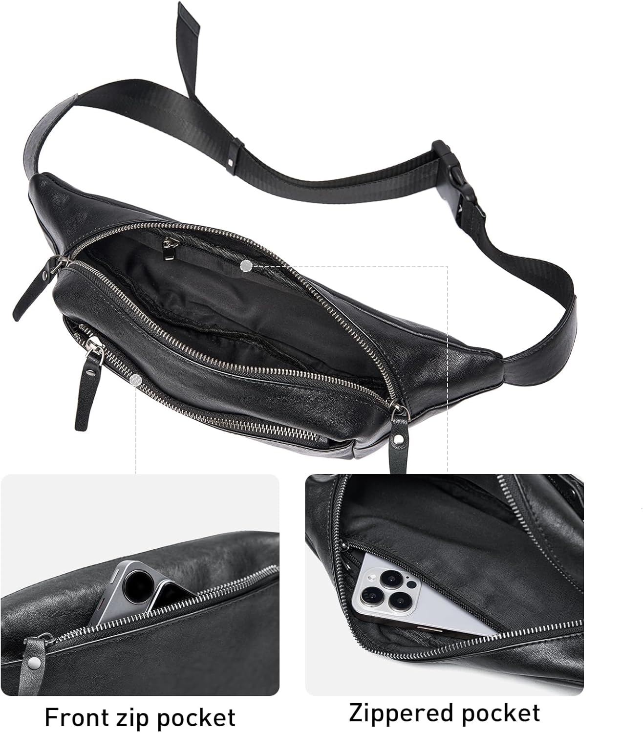 Genuine Leather Fanny Pack Fashionable Hip Bum Bag Travel Pouch for Men and Women- Multi-Pockets Waist Belt Bag for Travel Sports Hiking Cycling Fishing Running