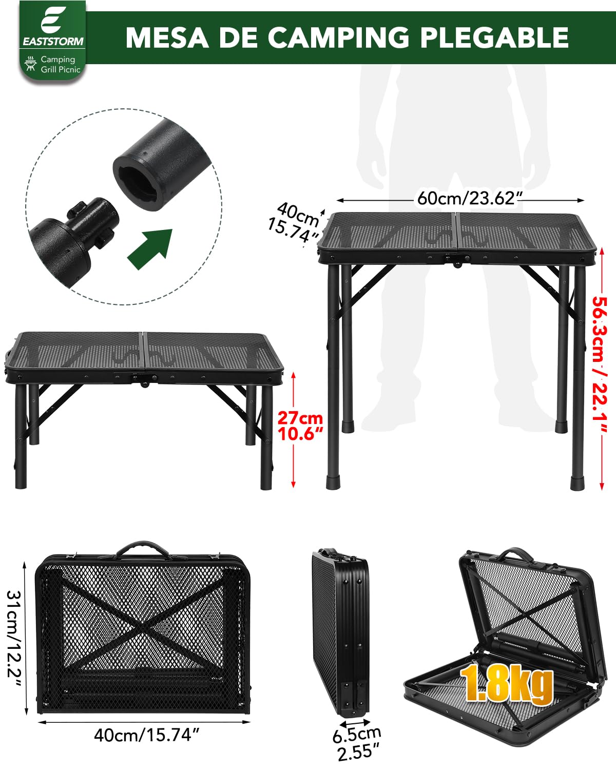 E EASTSTORM Mesa de Camping Plegable 60×40cm, de Jardín y Barbacoa Con Placa de Rejilla de Metal, Ligera y Portátil Para Playa y Balcón (Negro)