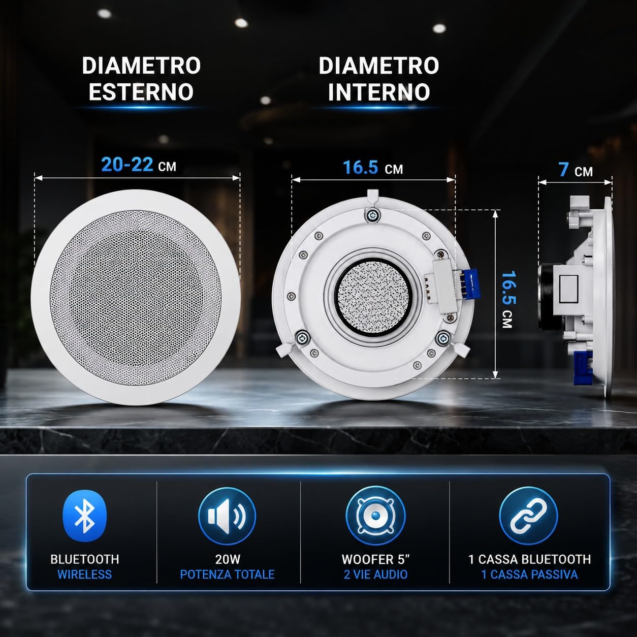 Coppia 2 Casse da Soffitto Parete con Bluetooth 20W ad incasso 2 Vie Woofer 5" Altoparlanti Audio per Casa Ufficio Controsoffitto con 1 Cassa Bluetooth e 1 Passiva