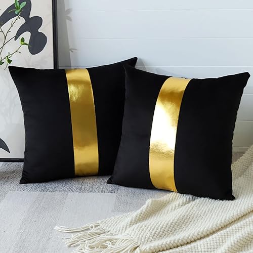 Artscope Juego de 2 fundas de almohada de terciopelo negro con costuras de cuero dorado, fundas de almohada cuadradas modernas y minimalistas para