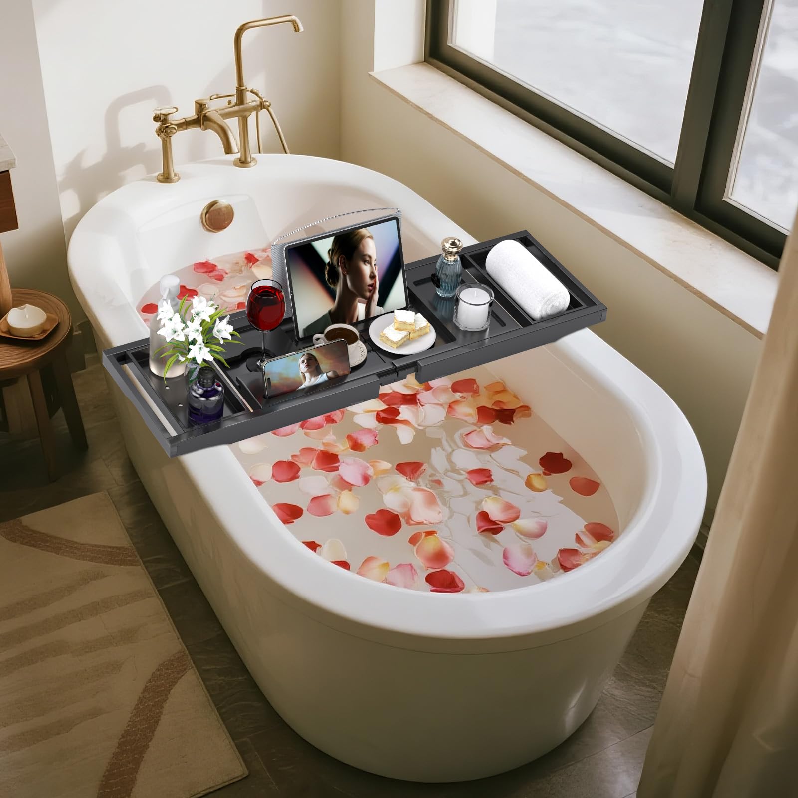 Bandeja de bañera, bandejas de baño expandibles para bañera, estante de bambú y mesa con soporte para copas de vino, accesorios de baño para el nuevo hogar, día de la madre y regalos de cumpleaños