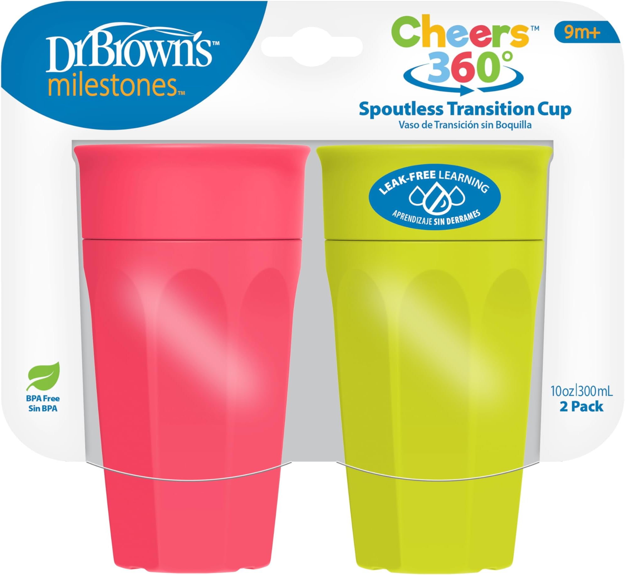 Dr. Brown's Cheers 360 Spoutless Training Cup, 9m+, 10 Ounce, Pink/Turquoise, 2 Count