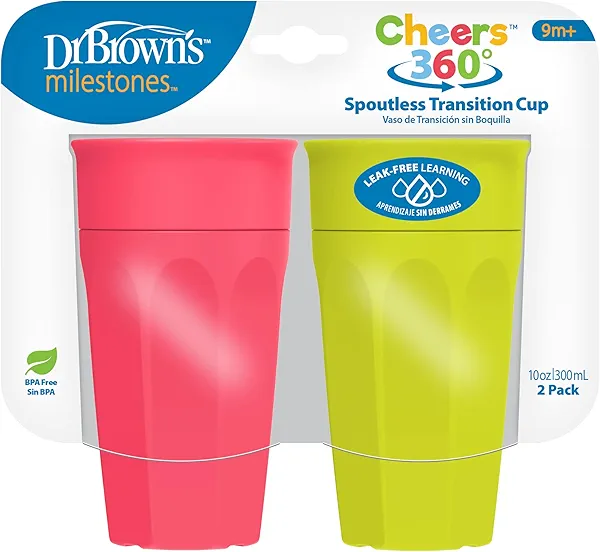 Dr. Brown's Milestones Cheers 360 Spoutless Transition Cup, Travel Friendly and Leak Free Sippy for Babies and Toddlers, Green and Pink, BPA-Free, 10 oz/300 mL, 9m+