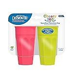 Dr. Brown\'s Milestones Cheers 360 Spoutless Transition Cup, Travel Friendly and Leak Free Sippy for Babies and Toddlers, Green and Pink, BPA-Free, 10 oz/300 mL, 9m+